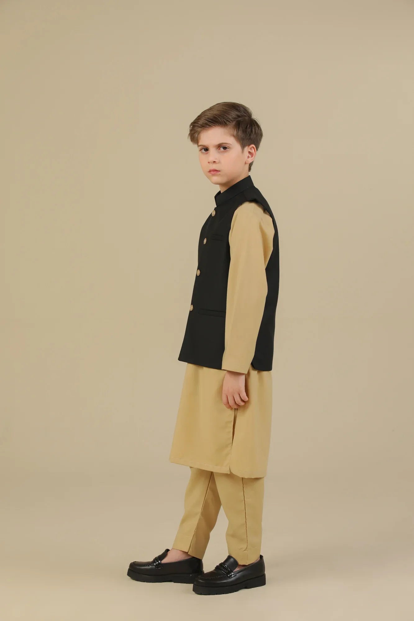 Ivory Kurta Trouser with Black Suiting Waistcoat - Straight Cut - Kids - Muraqsh -- Kidswear