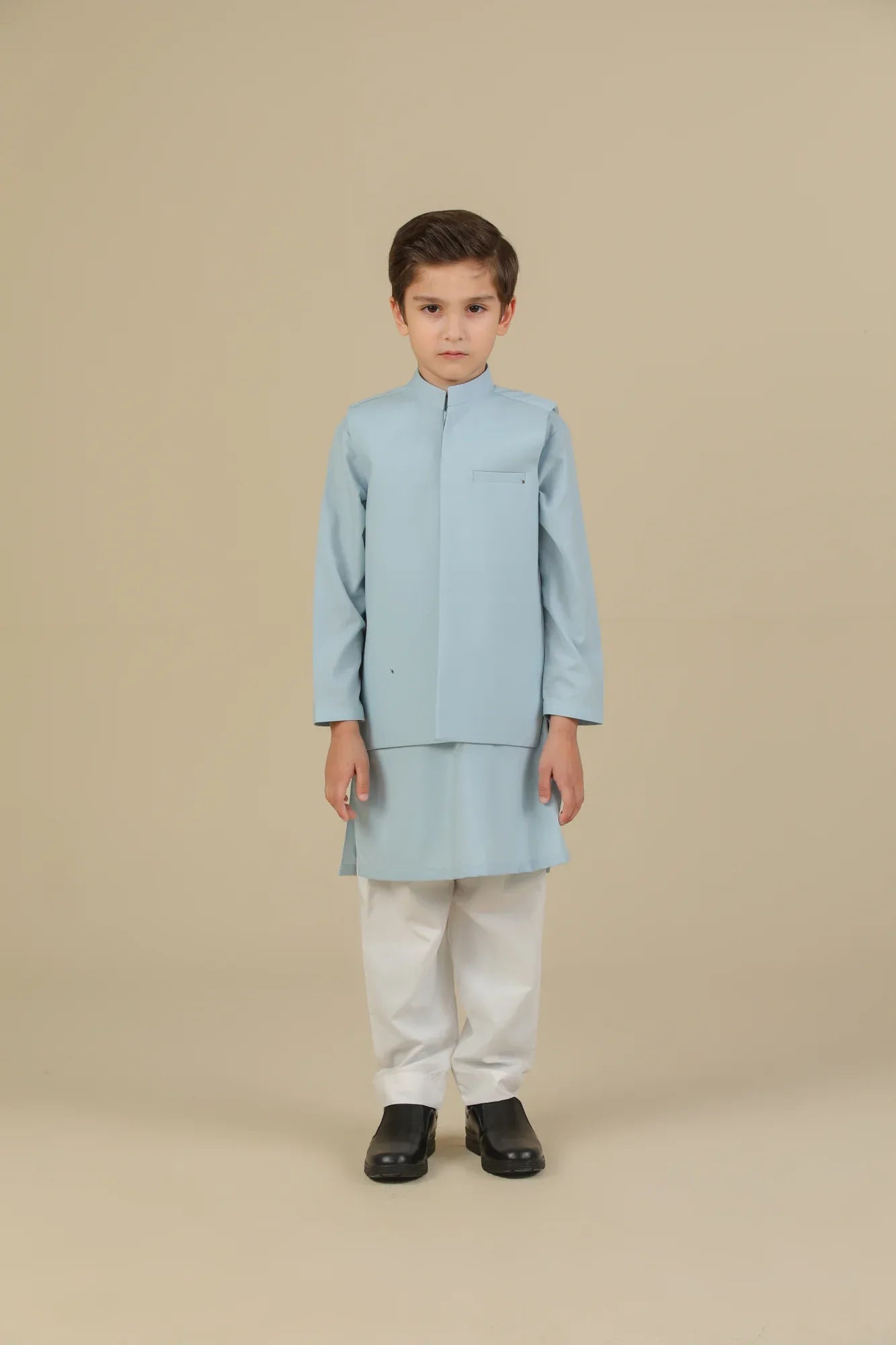 Sky Blue Kurta Trouser with Blended Waistcoat - Kids - Muraqsh -- Kidswear