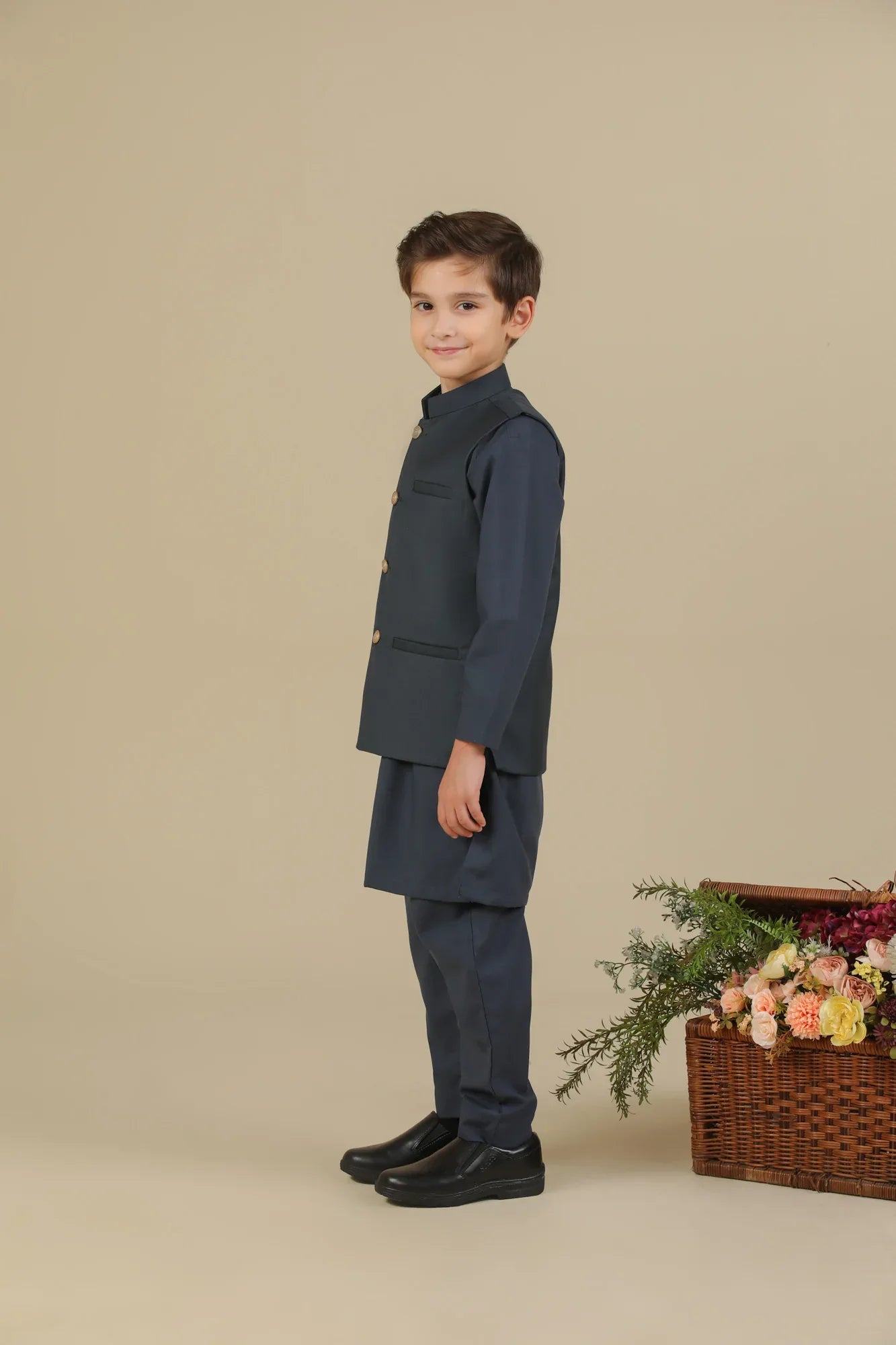 Charcoal Grey Kurta Trouser with Suiting Waistcoat - Straight Cut - Kids - Muraqsh -- Kidswear