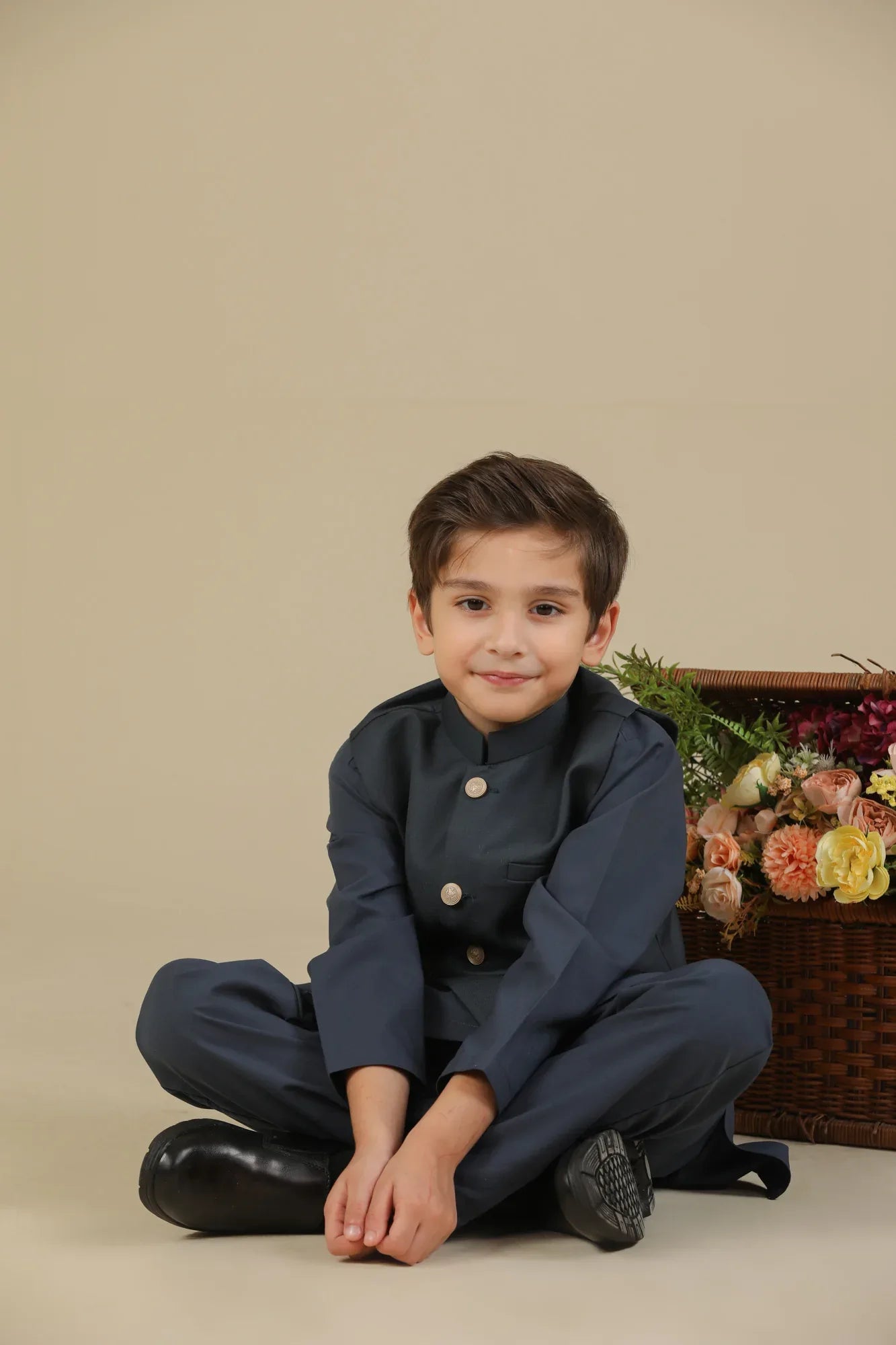 Charcoal Grey Kurta Trouser with Suiting Waistcoat - Straight Cut - Kids - Muraqsh -- Kidswear