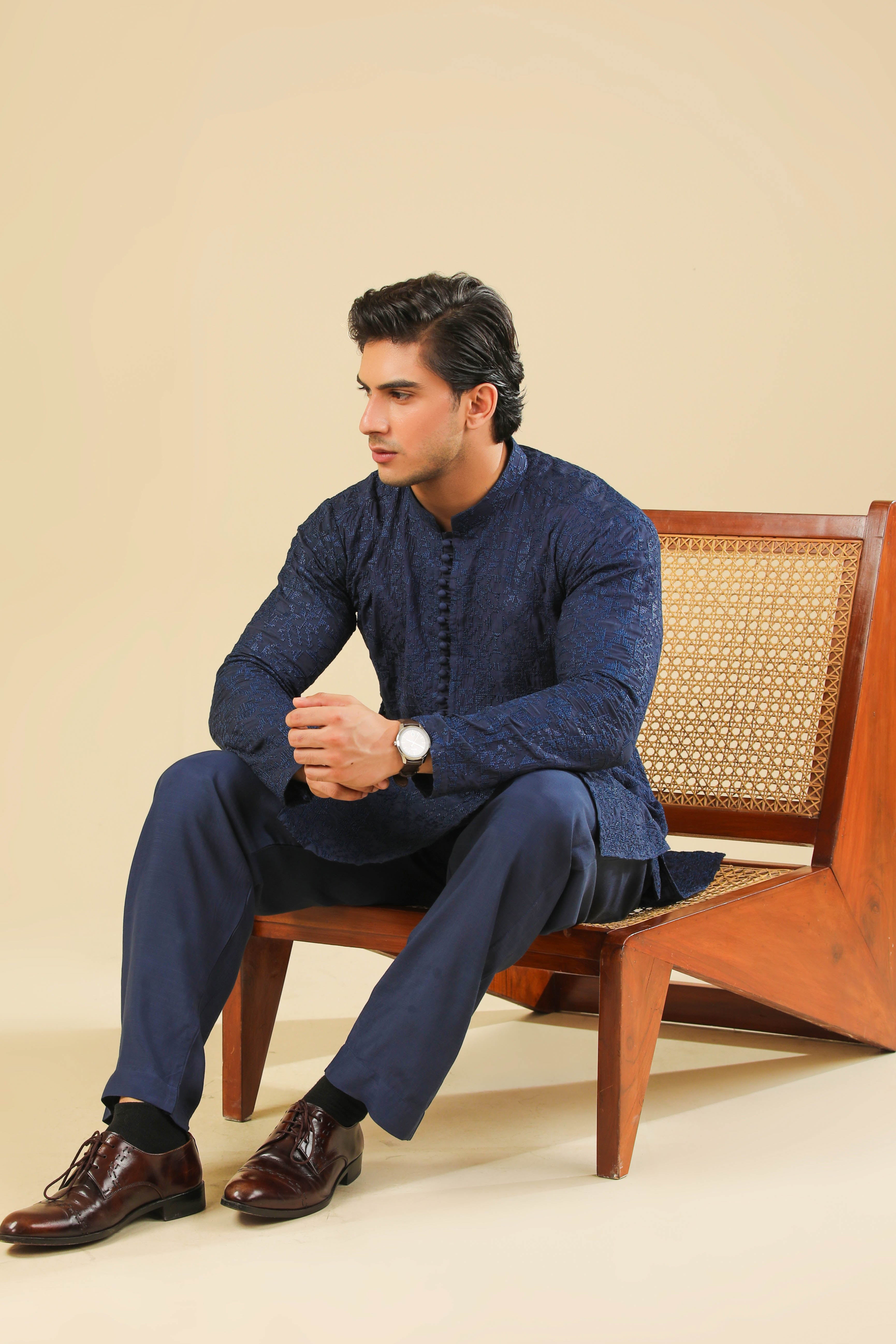 Feroz - Dark Blue Raw Silk Embroidered Kurta Trouser - Men