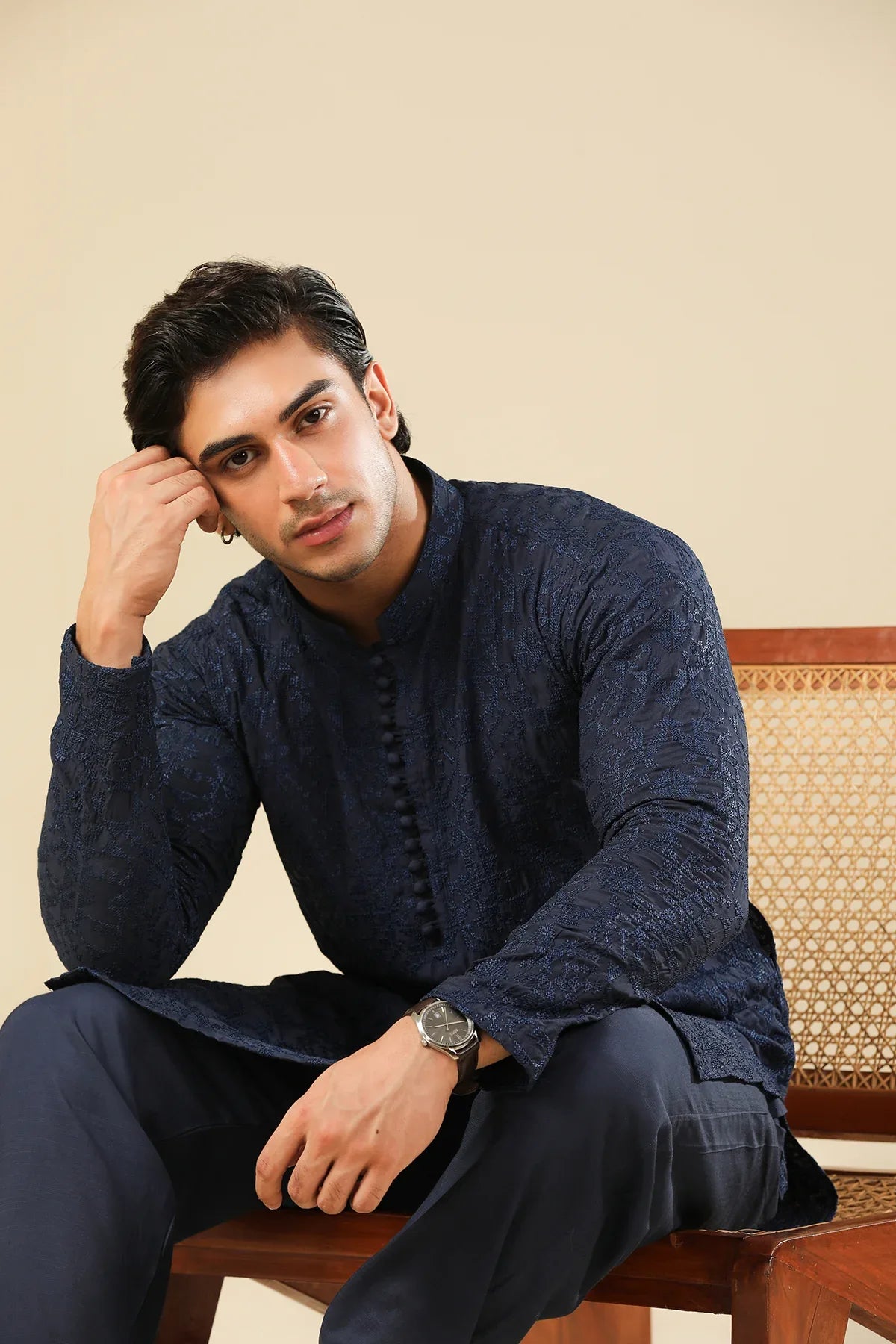 Feroz - Dark Blue Raw Silk Embroidered Kurta Trouser - Men - Muraqsh -- Menswear