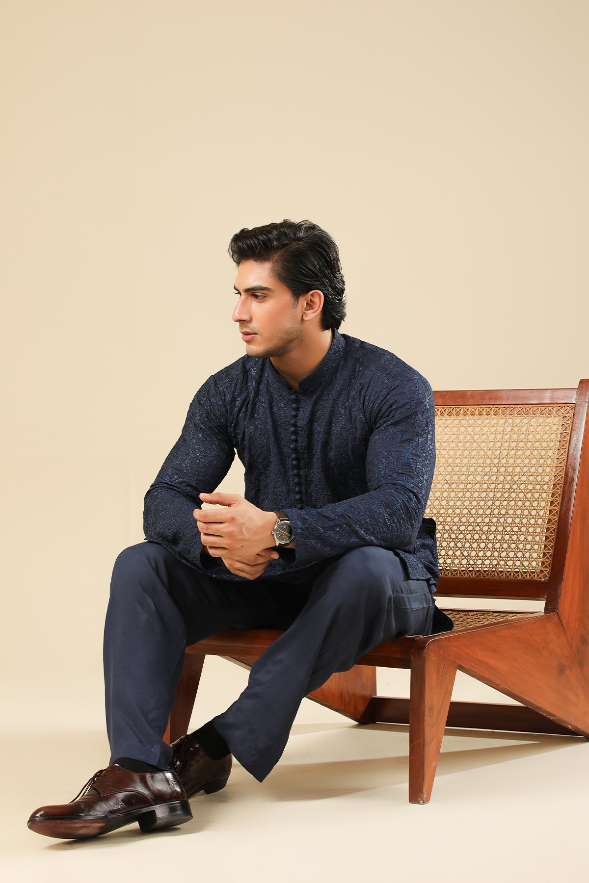 Feroz - Dark Blue Raw Silk Embroidered Kurta Trouser - Men