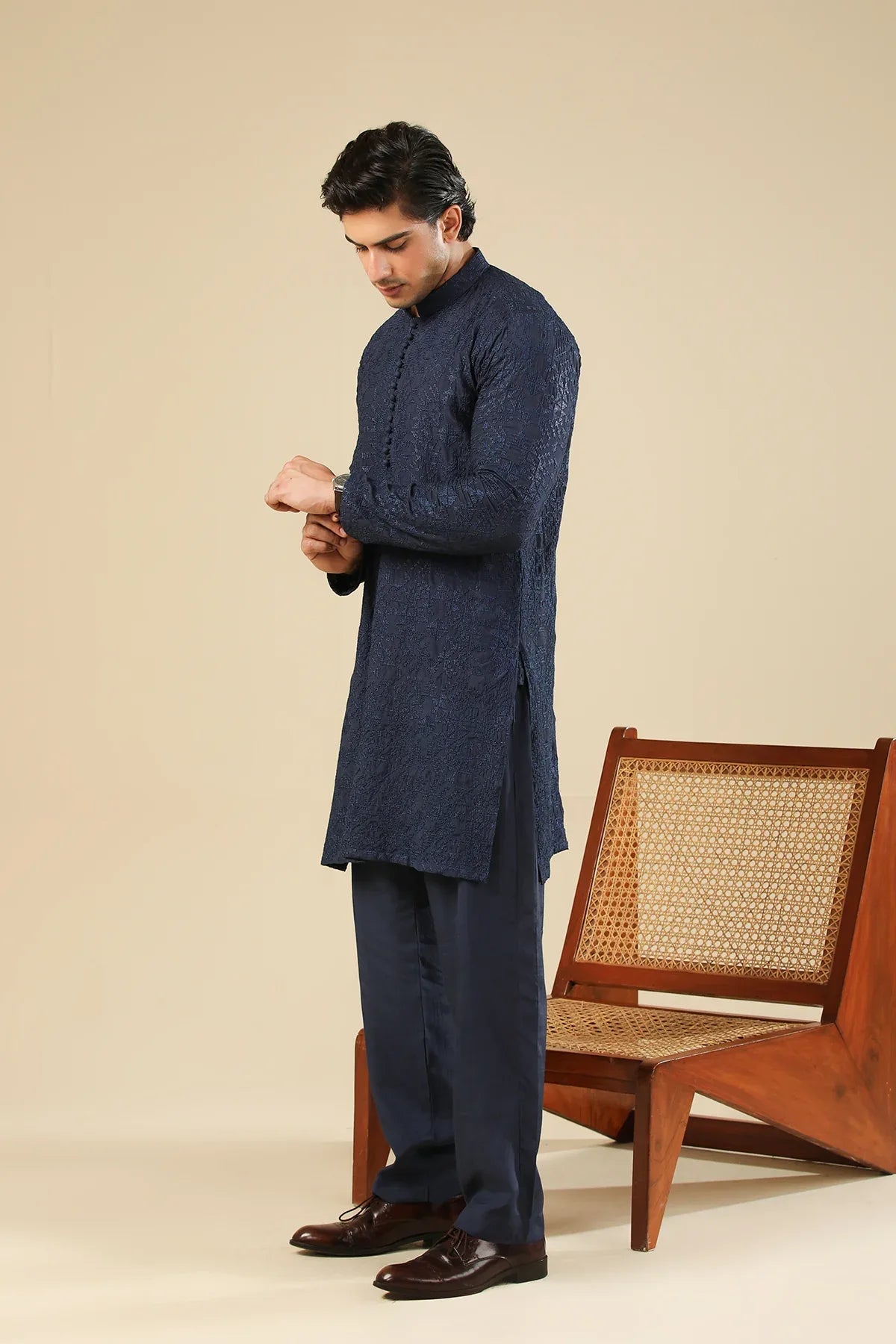 Feroz - Dark Blue Raw Silk Embroidered Kurta Trouser - Men - Muraqsh -- Menswear