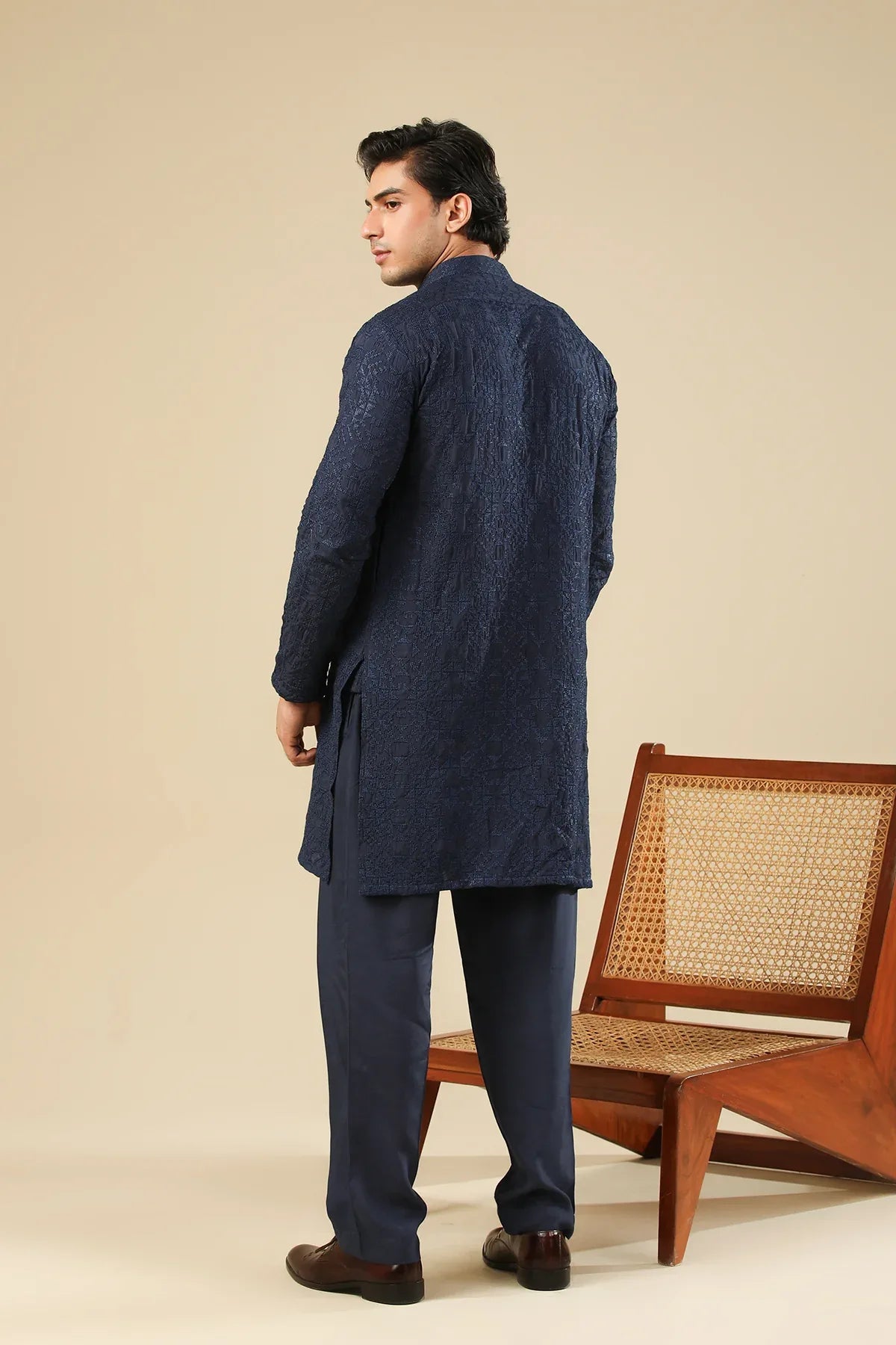 Feroz - Dark Blue Raw Silk Embroidered Kurta Trouser - Men - Muraqsh -- Menswear