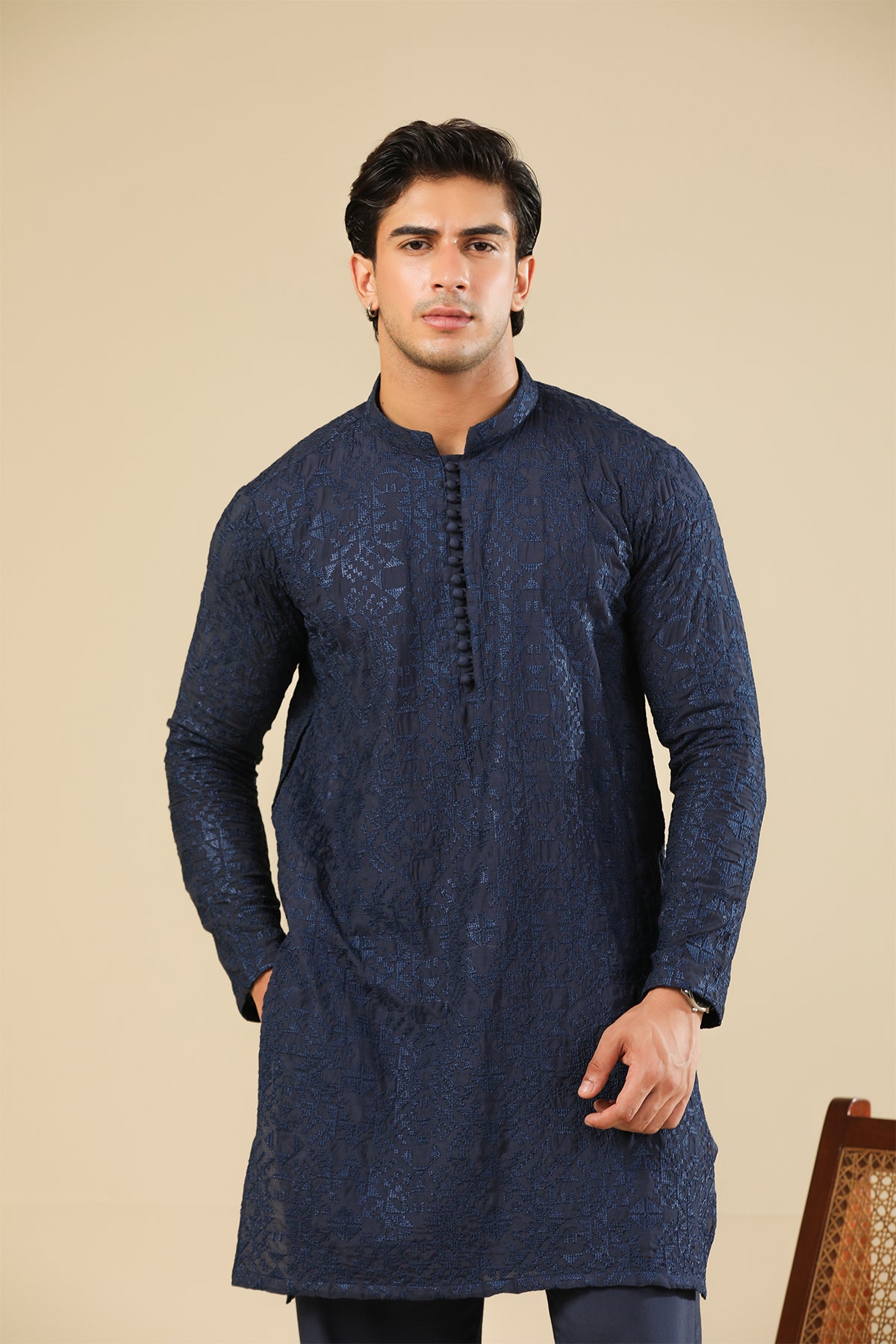 Feroz - Dark Blue Raw Silk Embroidered Kurta Trouser - Men