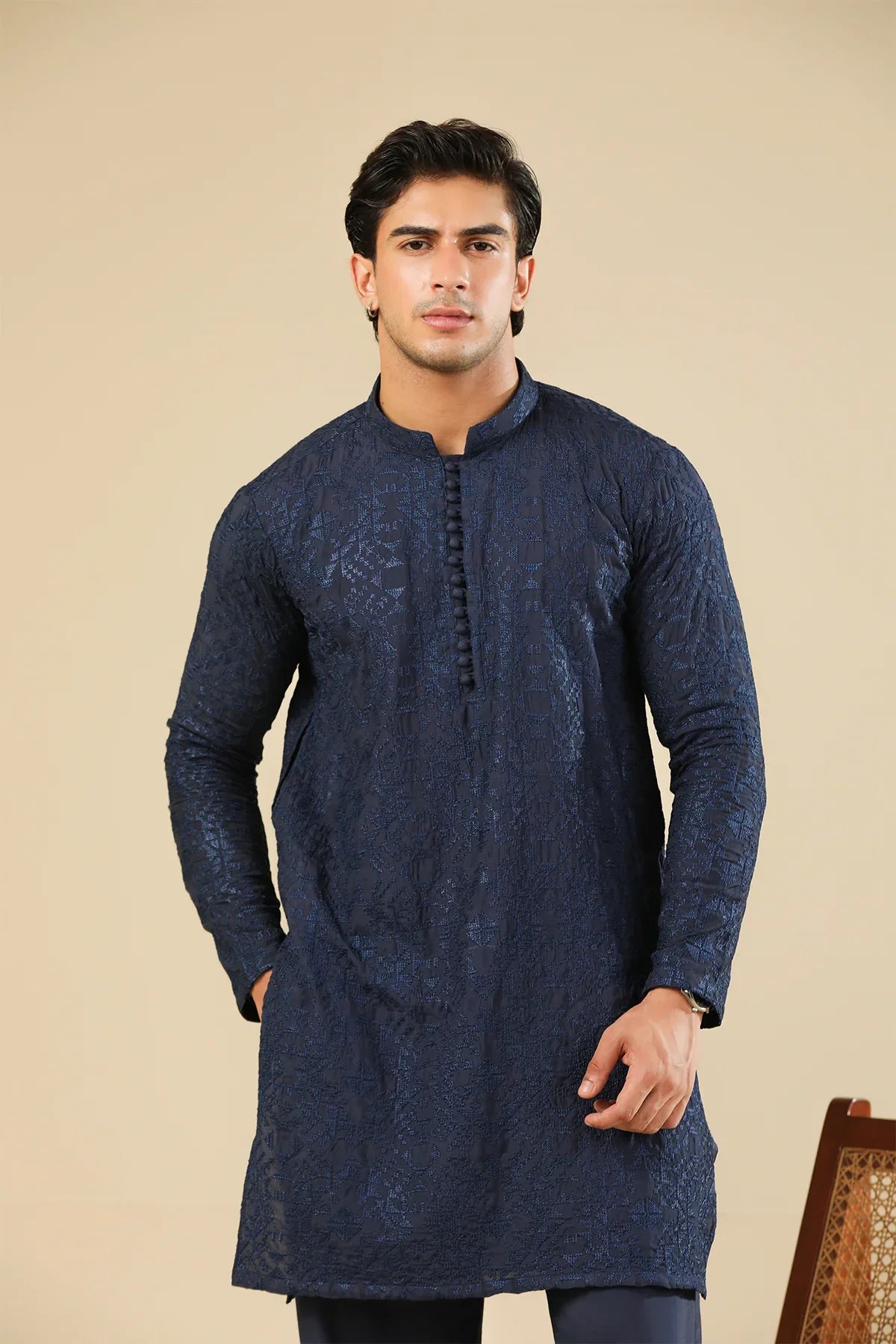 Feroz - Dark Blue Raw Silk Embroidered Kurta Trouser - Men - Muraqsh -- Menswear