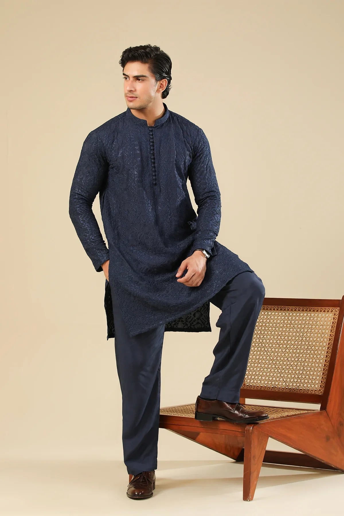 Feroz - Dark Blue Raw Silk Embroidered Kurta Trouser - Men - Muraqsh -- Menswear
