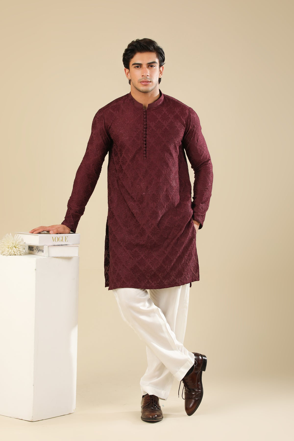 Miras - Maroon Raw Silk Embroidered Kurta Trouser - Men