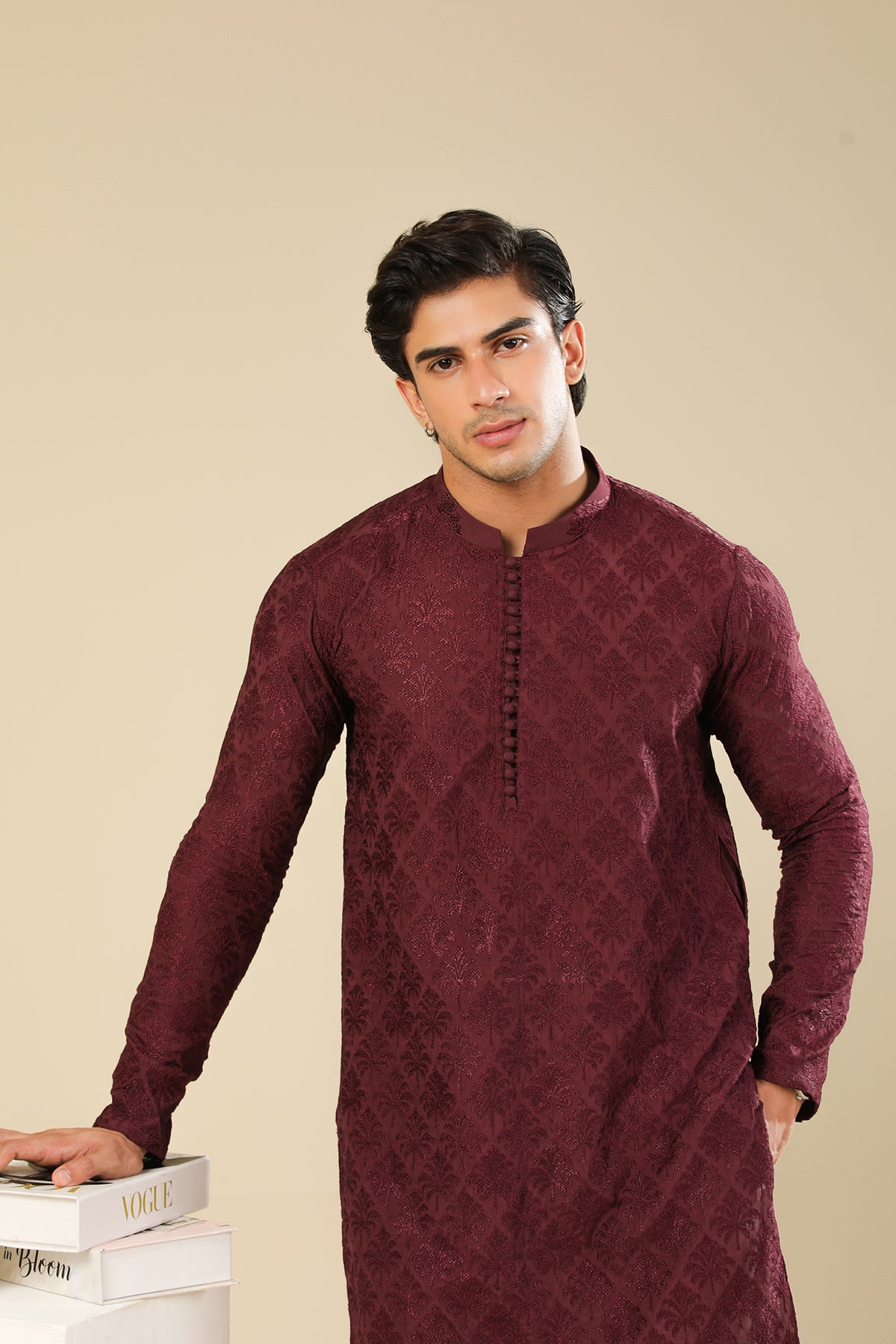 Miras - Maroon Raw Silk Embroidered Kurta Trouser - Men