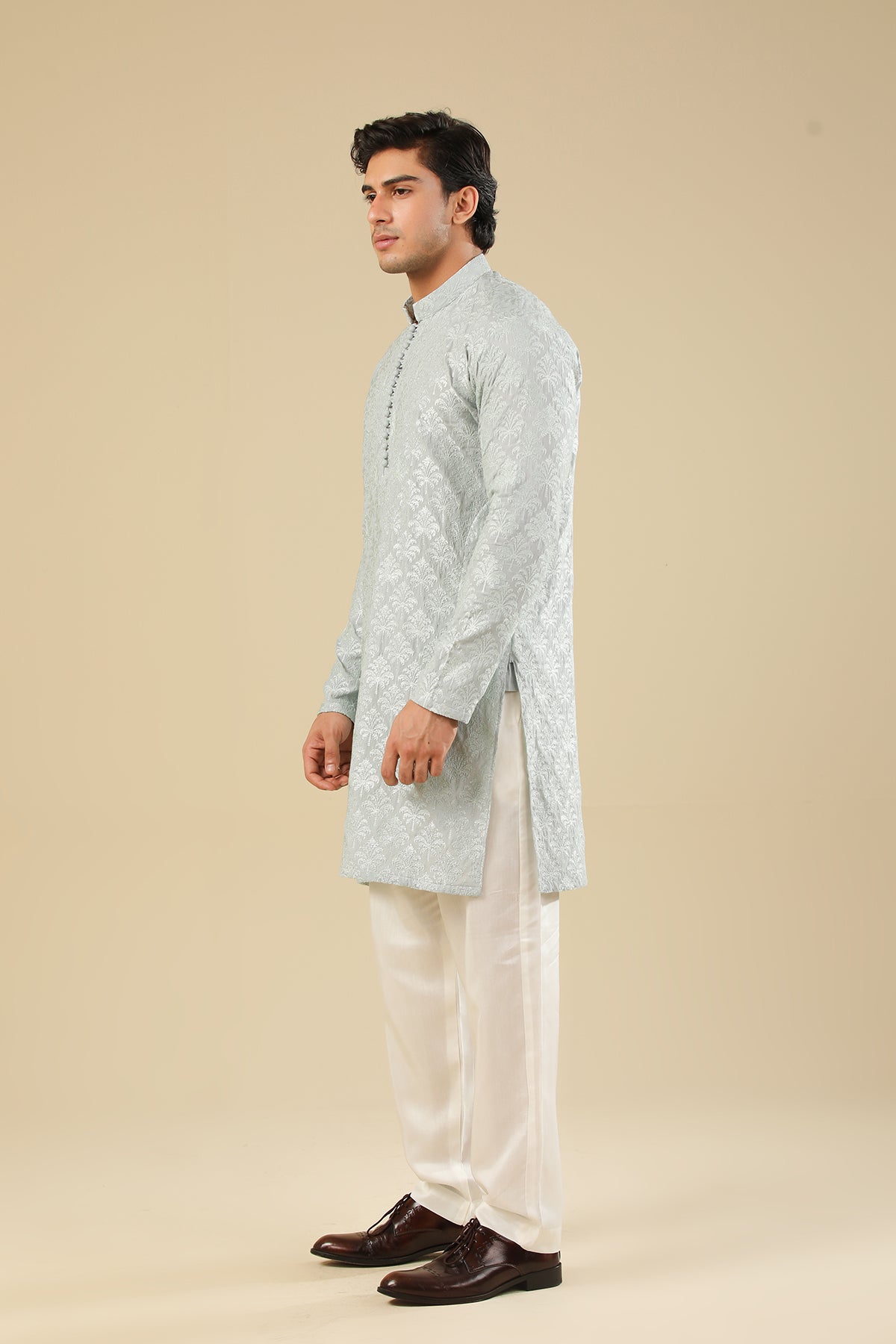 Abroo - Ice Blue Raw Silk Embroidered Kurta Trouser - Men