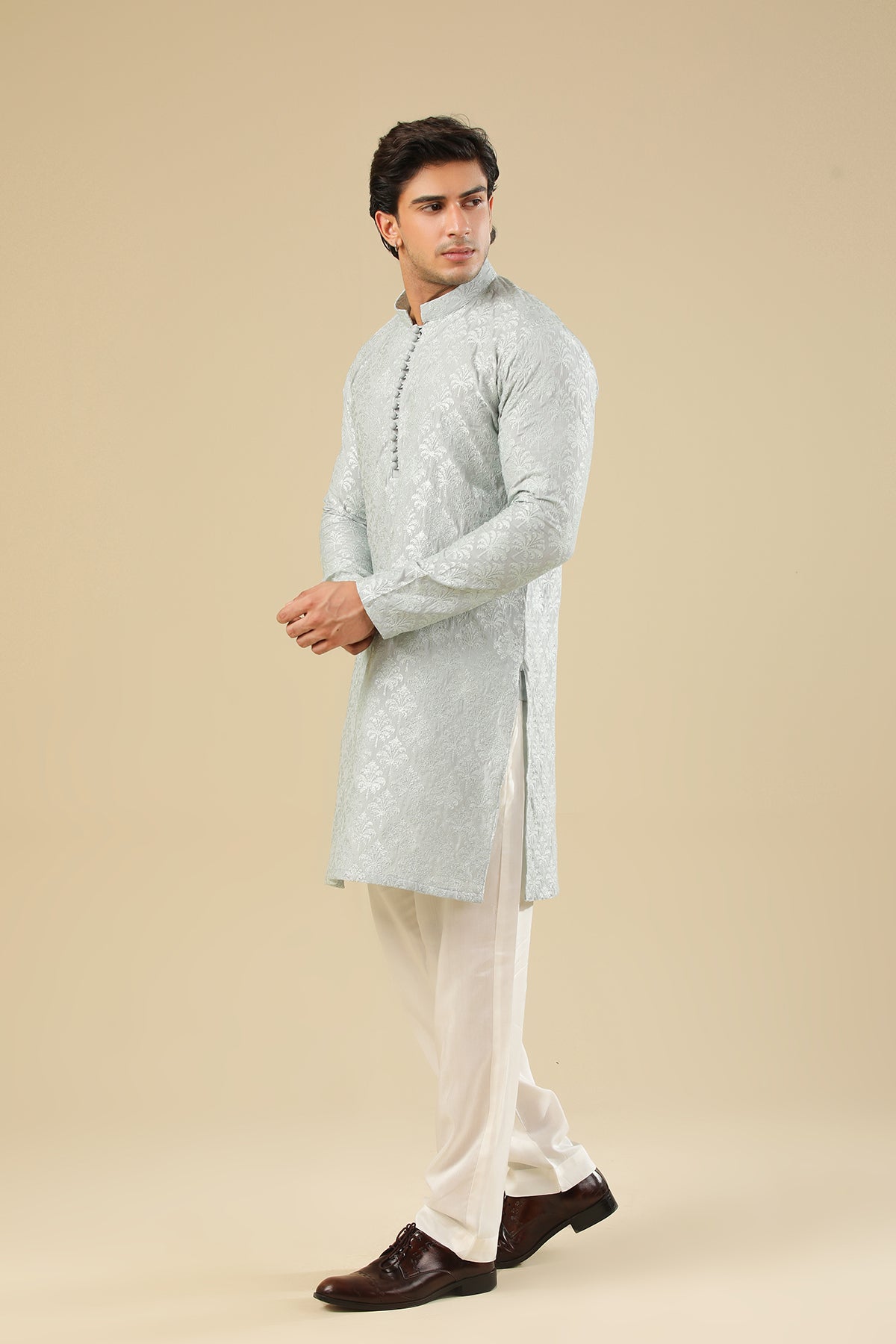 Abroo - Ice Blue Raw Silk Embroidered Kurta Trouser - Men