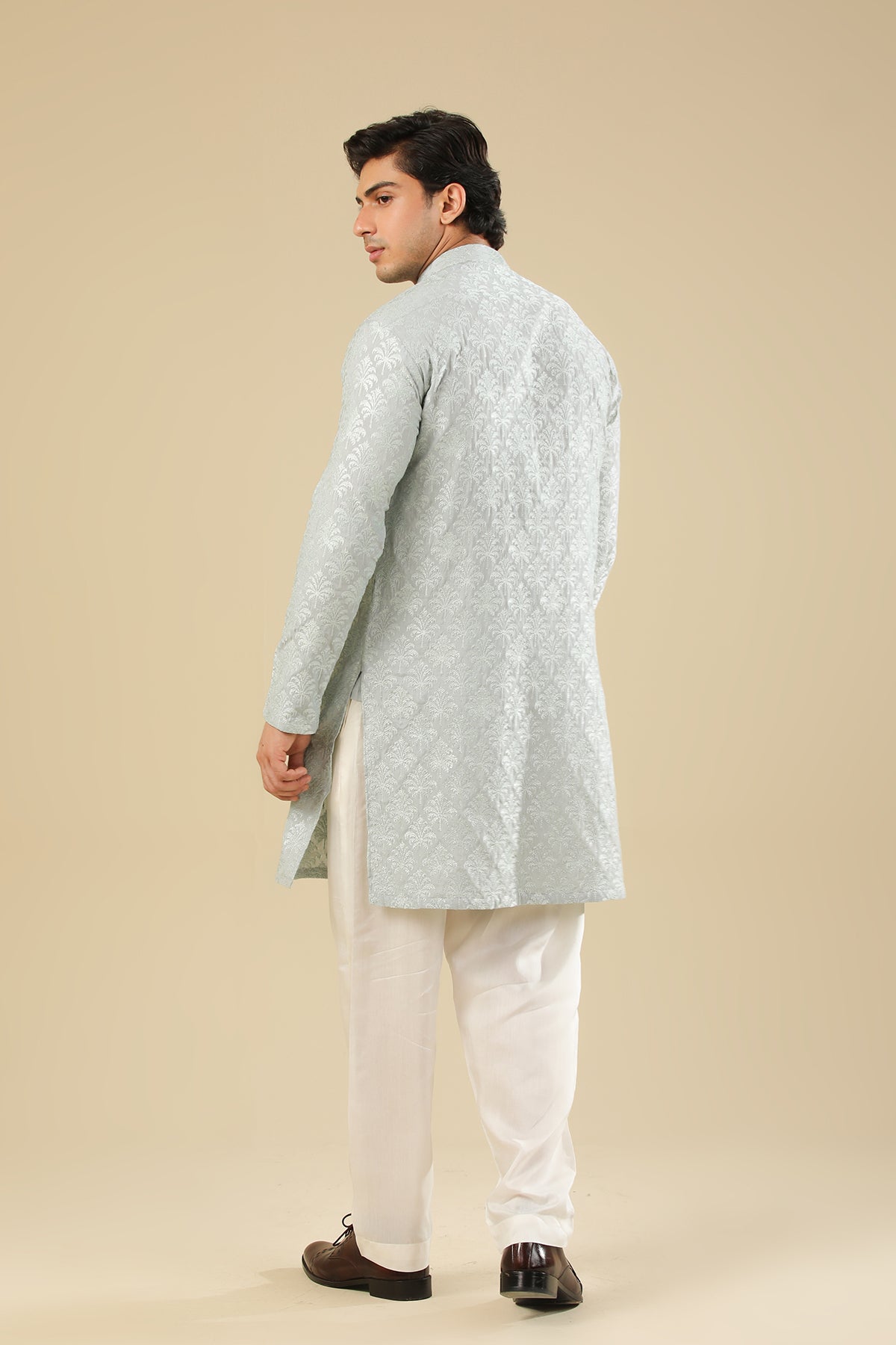 Abroo - Ice Blue Raw Silk Embroidered Kurta Trouser - Men