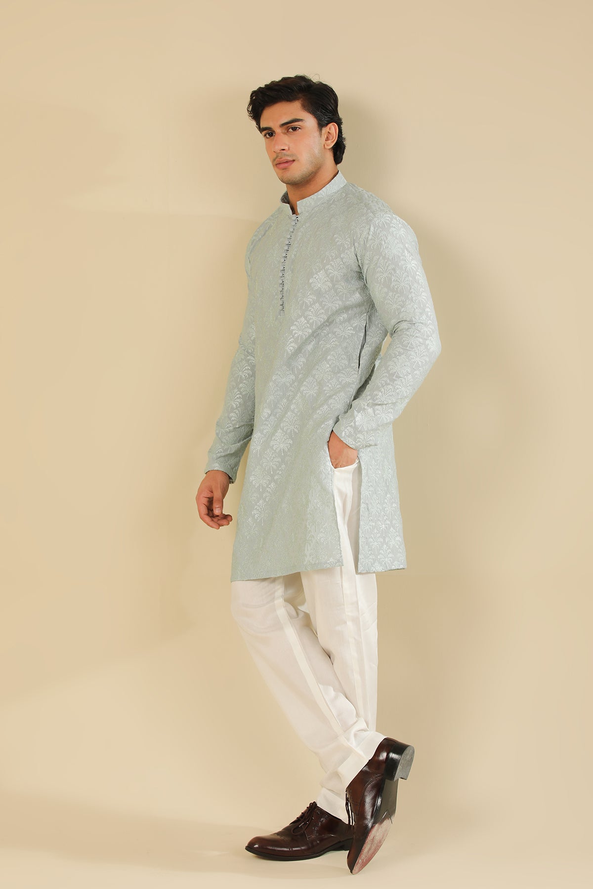 Abroo - Ice Blue Raw Silk Embroidered Kurta Trouser - Men