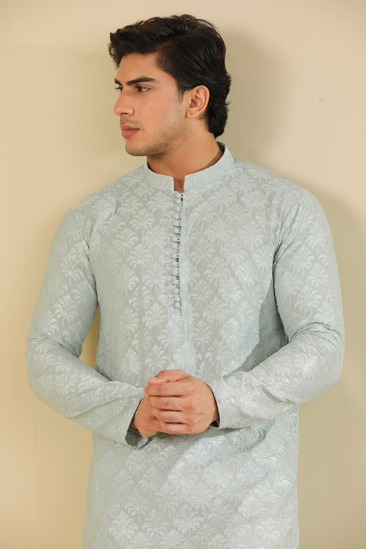 Abroo - Ice Blue Raw Silk Embroidered Kurta Trouser - Men