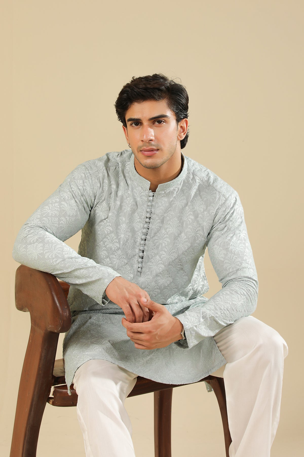 Abroo - Ice Blue Raw Silk Embroidered Kurta Trouser - Men