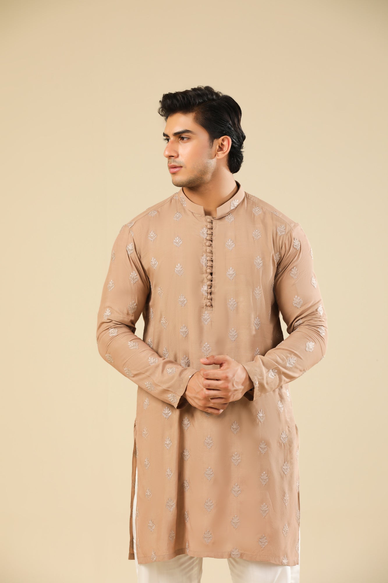 Mehrab - Sandstone Raw Silk Embroidered Kurta Trouser - Men