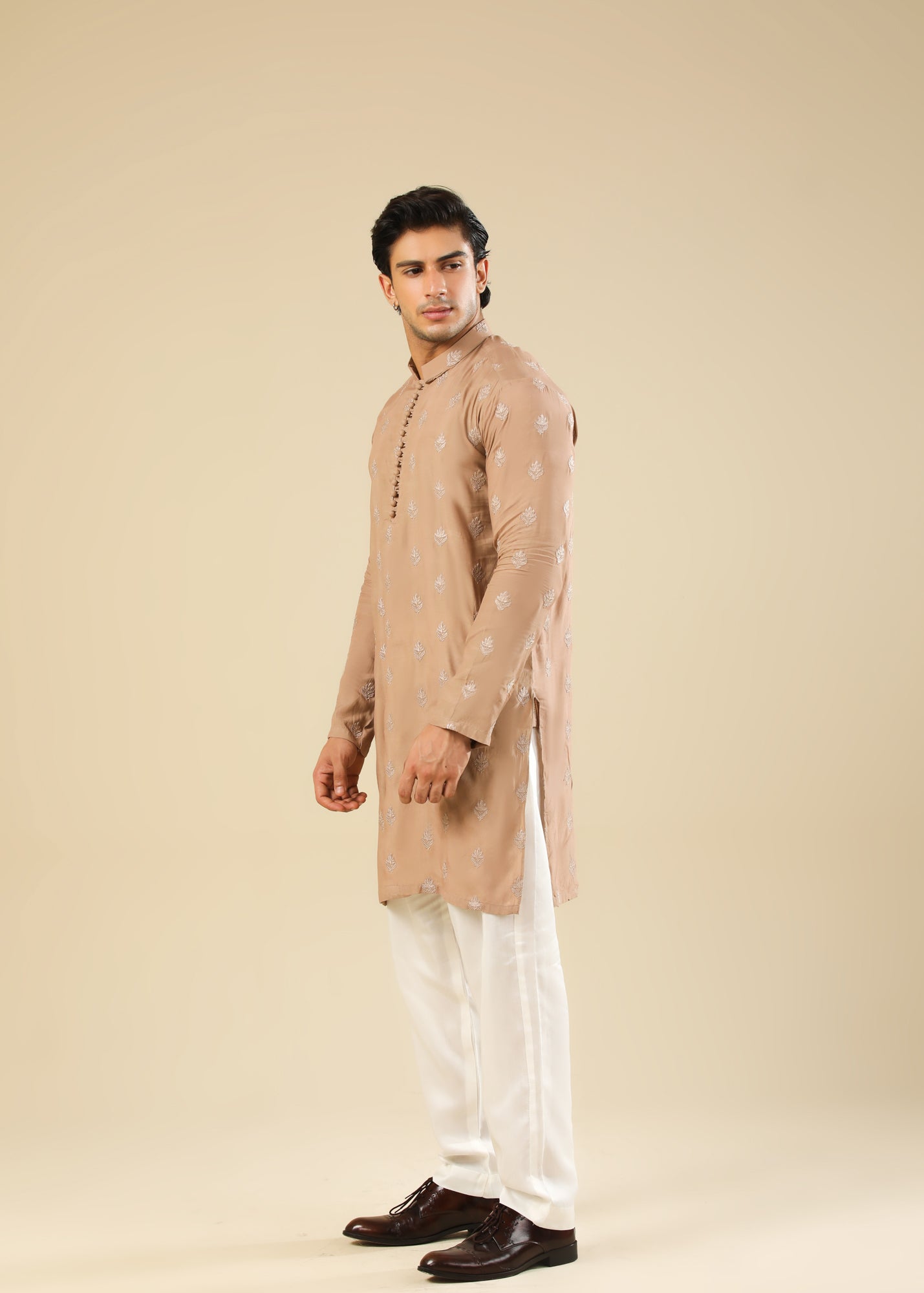Mehrab - Sandstone Raw Silk Embroidered Kurta Trouser - Men