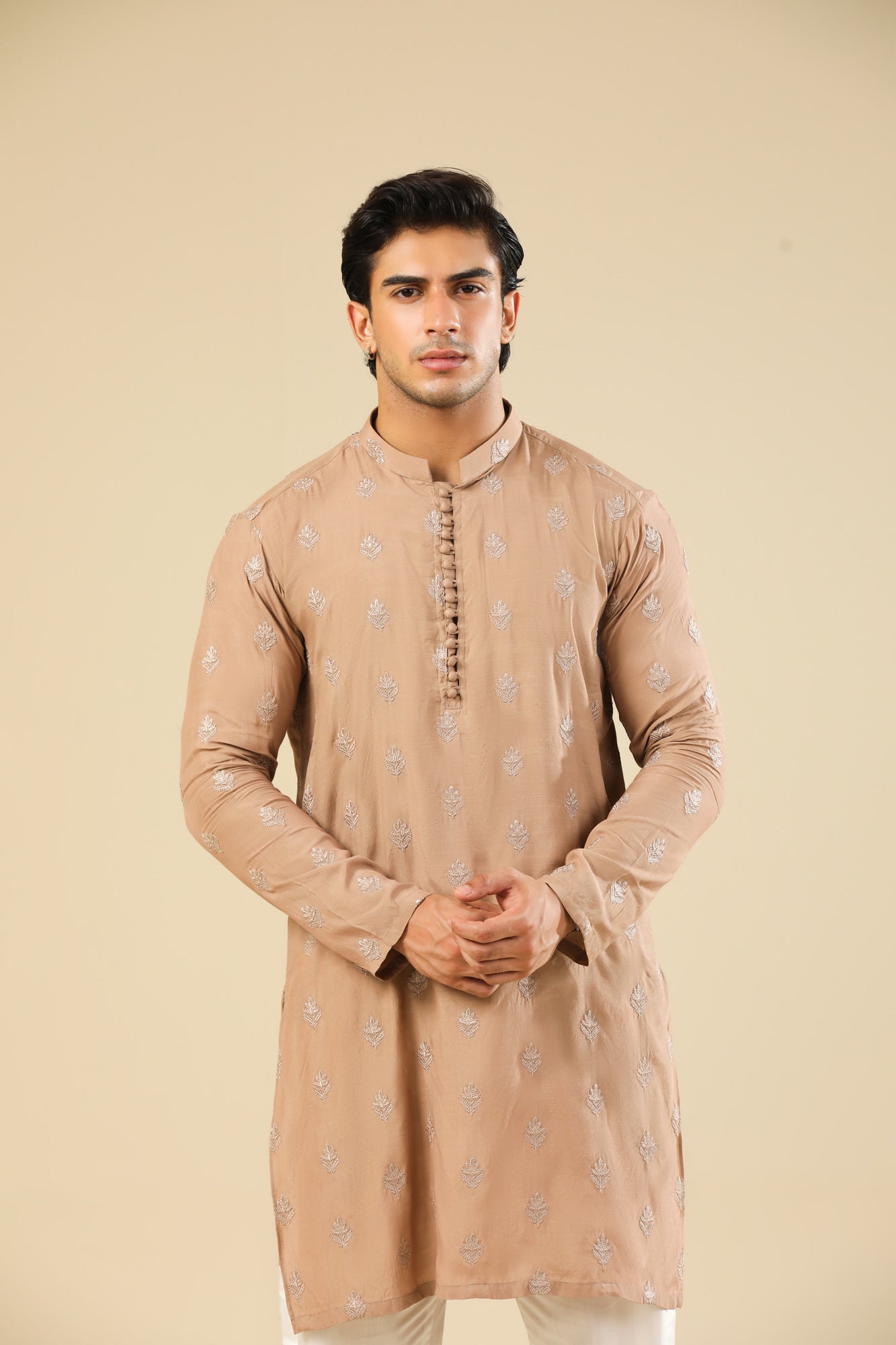 Mehrab - Sandstone Raw Silk Embroidered Kurta Trouser - Men