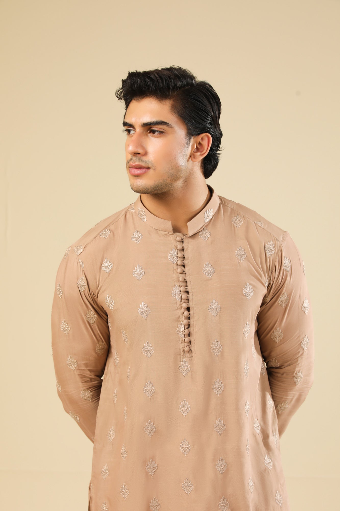 Mehrab - Sandstone Raw Silk Embroidered Kurta Trouser - Men