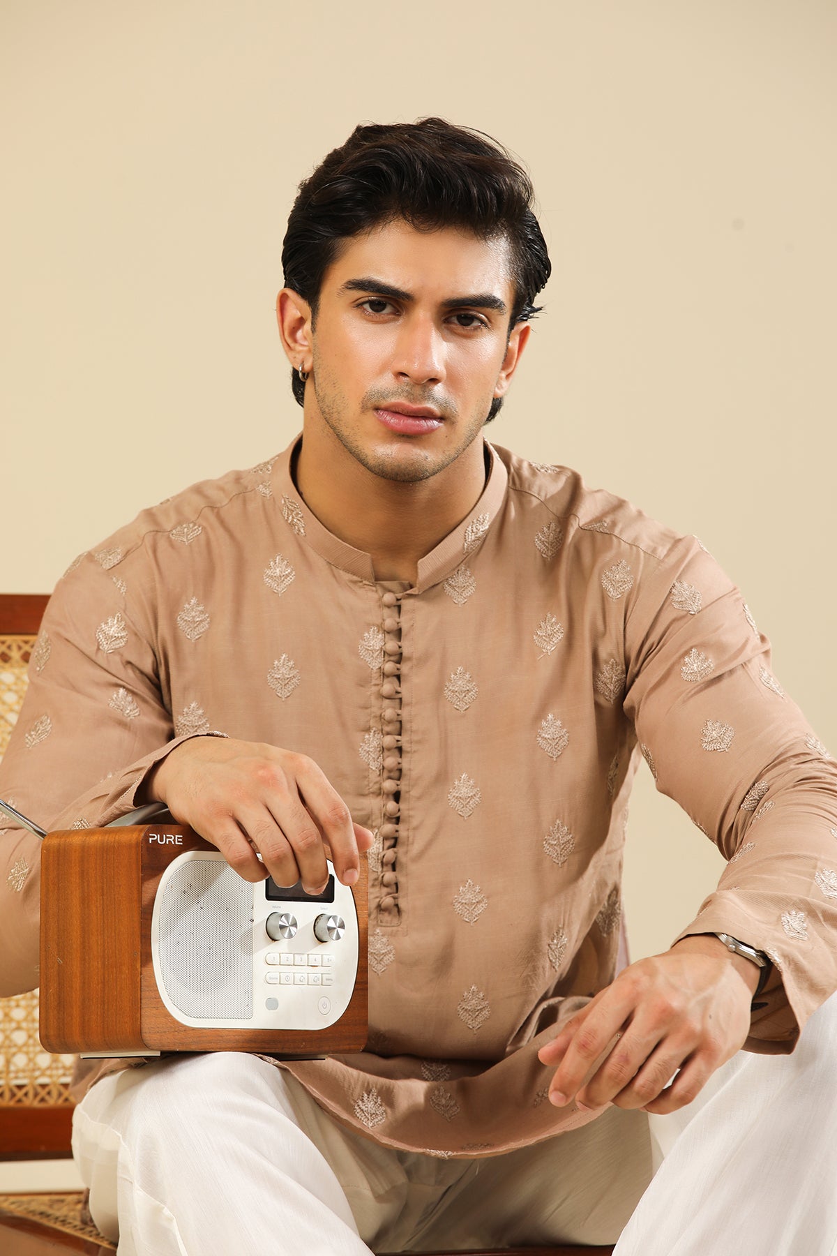 Mehrab - Sandstone Raw Silk Embroidered Kurta Trouser - Men