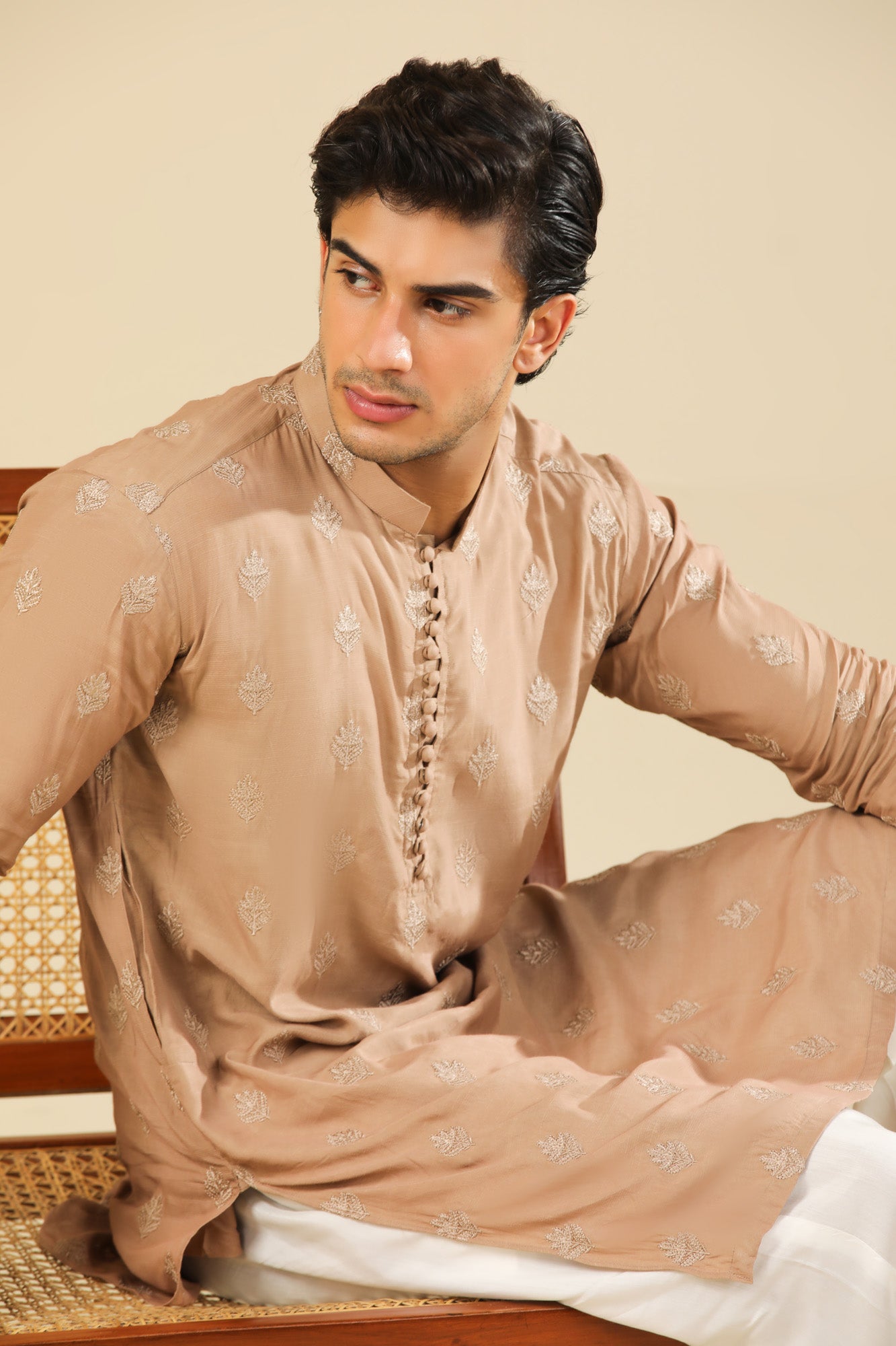 Mehrab - Sandstone Raw Silk Embroidered Kurta Trouser - Men