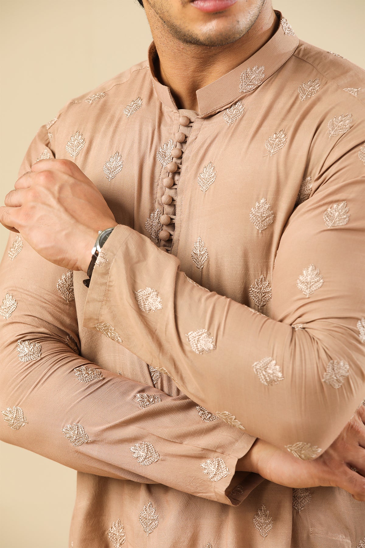 Mehrab - Sandstone Raw Silk Embroidered Kurta Trouser - Men