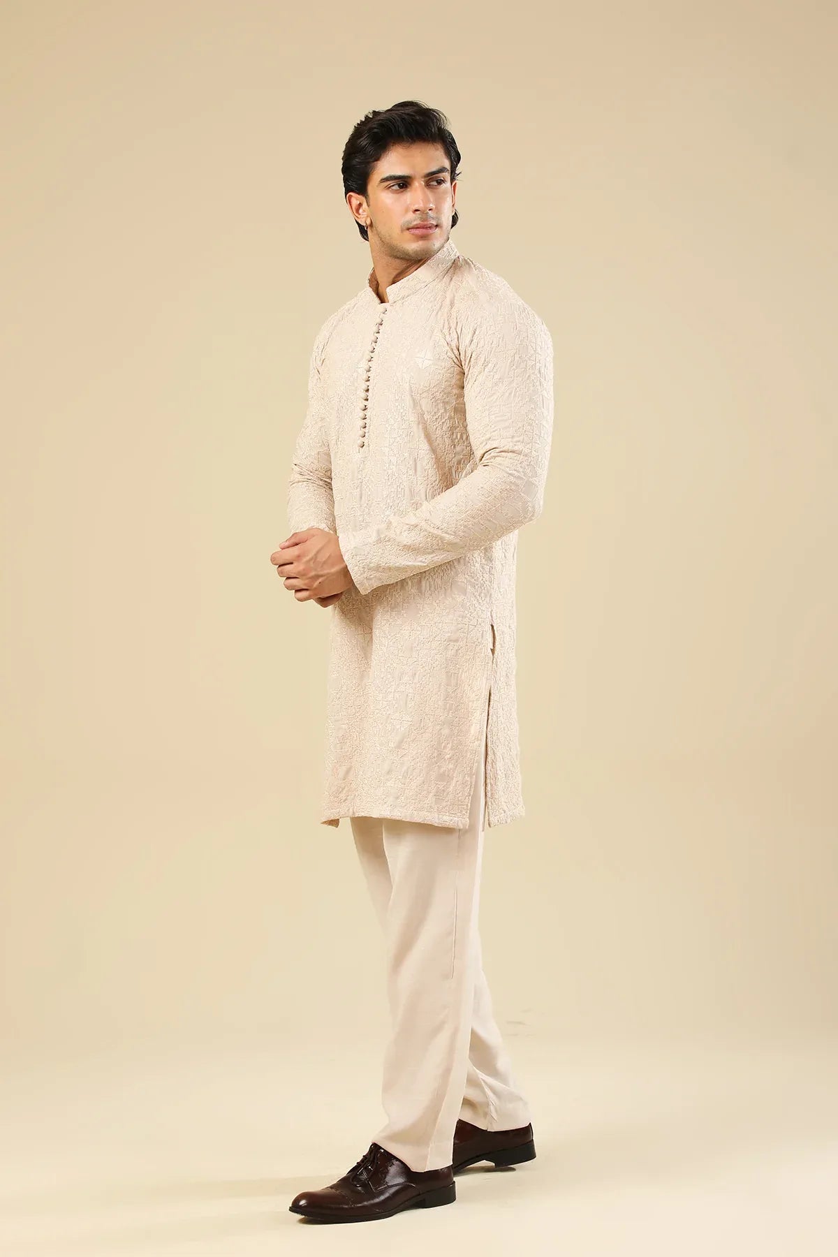 Tabir - Beige Raw Silk Embroidered Kurta Trouser - Men - Muraqsh -- Menswear
