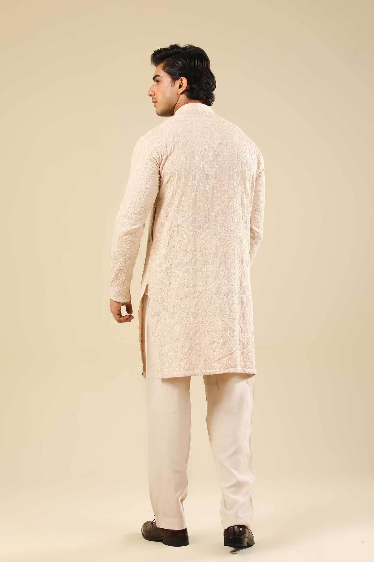 Tabir - Beige Raw Silk Embroidered Kurta Trouser - Men