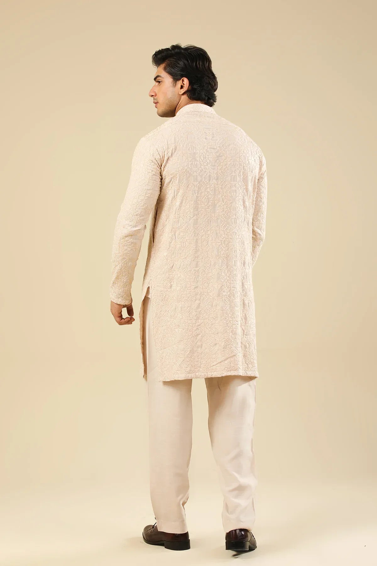 Tabir - Beige Raw Silk Embroidered Kurta Trouser - Men - Muraqsh -- Menswear