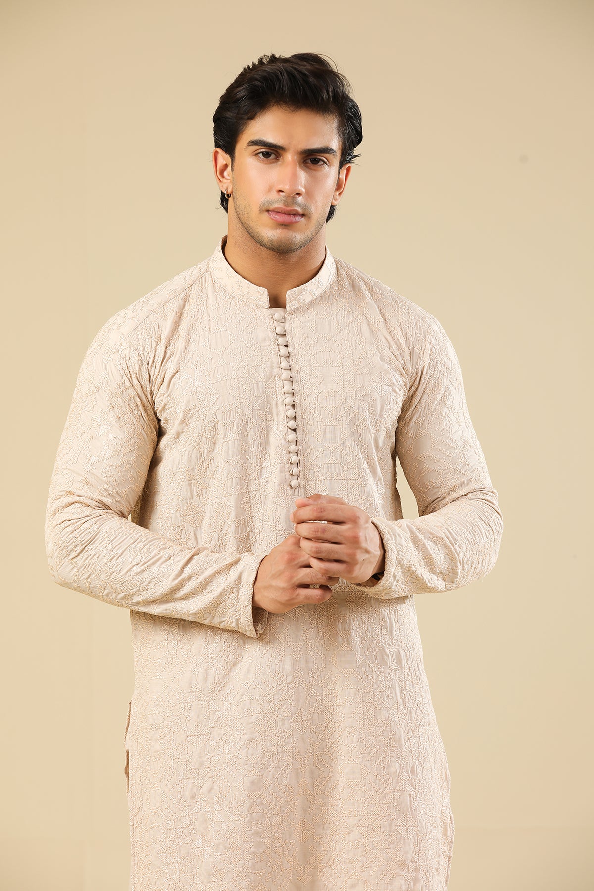 Tabir - Beige Raw Silk Embroidered Kurta Trouser - Men