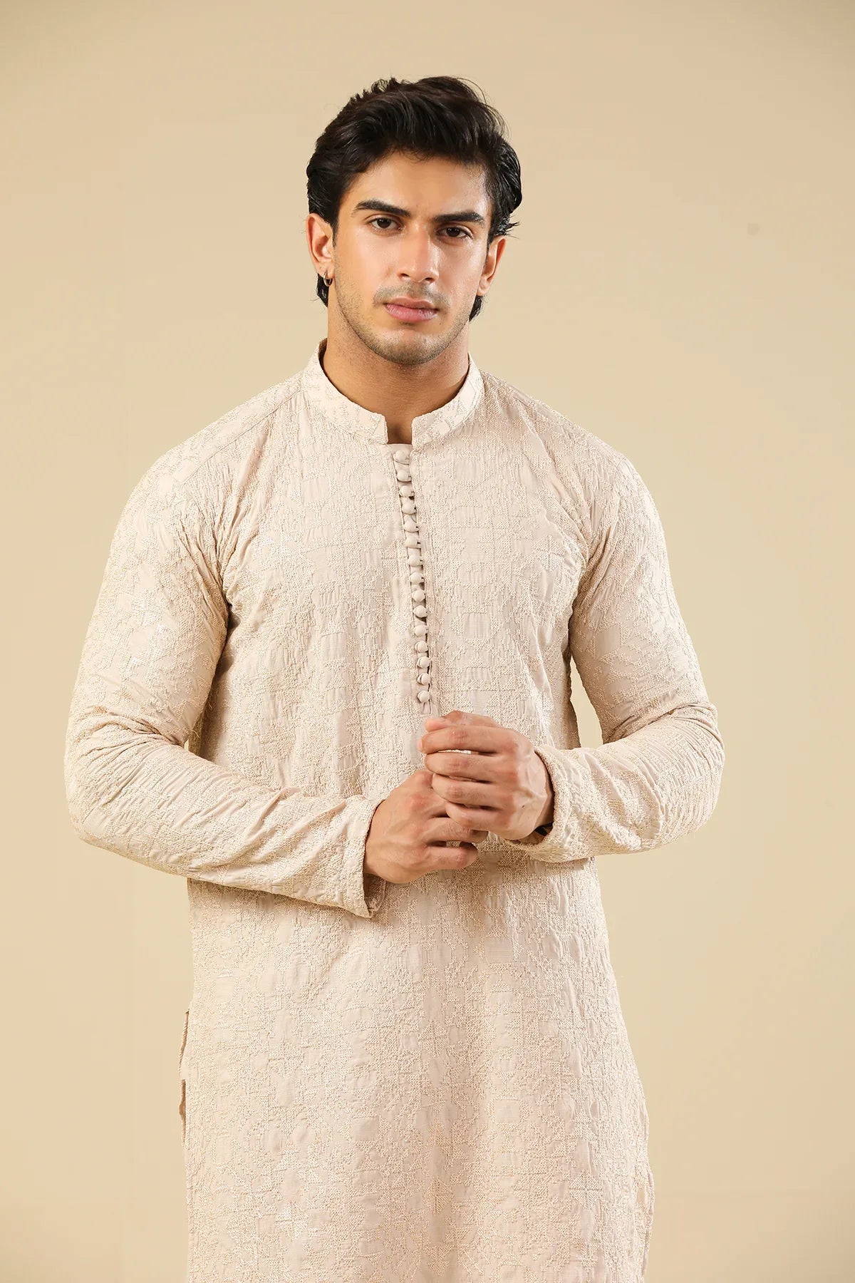 Tabir - Beige Raw Silk Embroidered Kurta Trouser - Men - Muraqsh -- Menswear