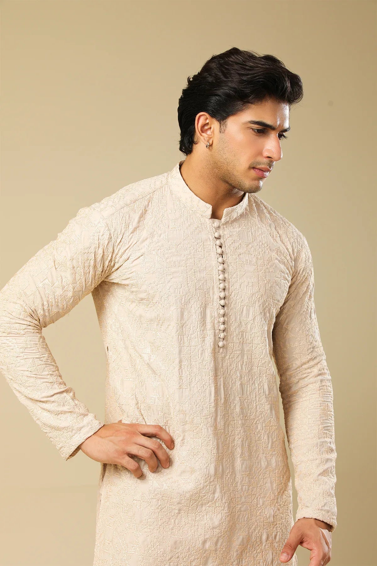 Tabir - Beige Raw Silk Embroidered Kurta Trouser - Men - Muraqsh -- Menswear