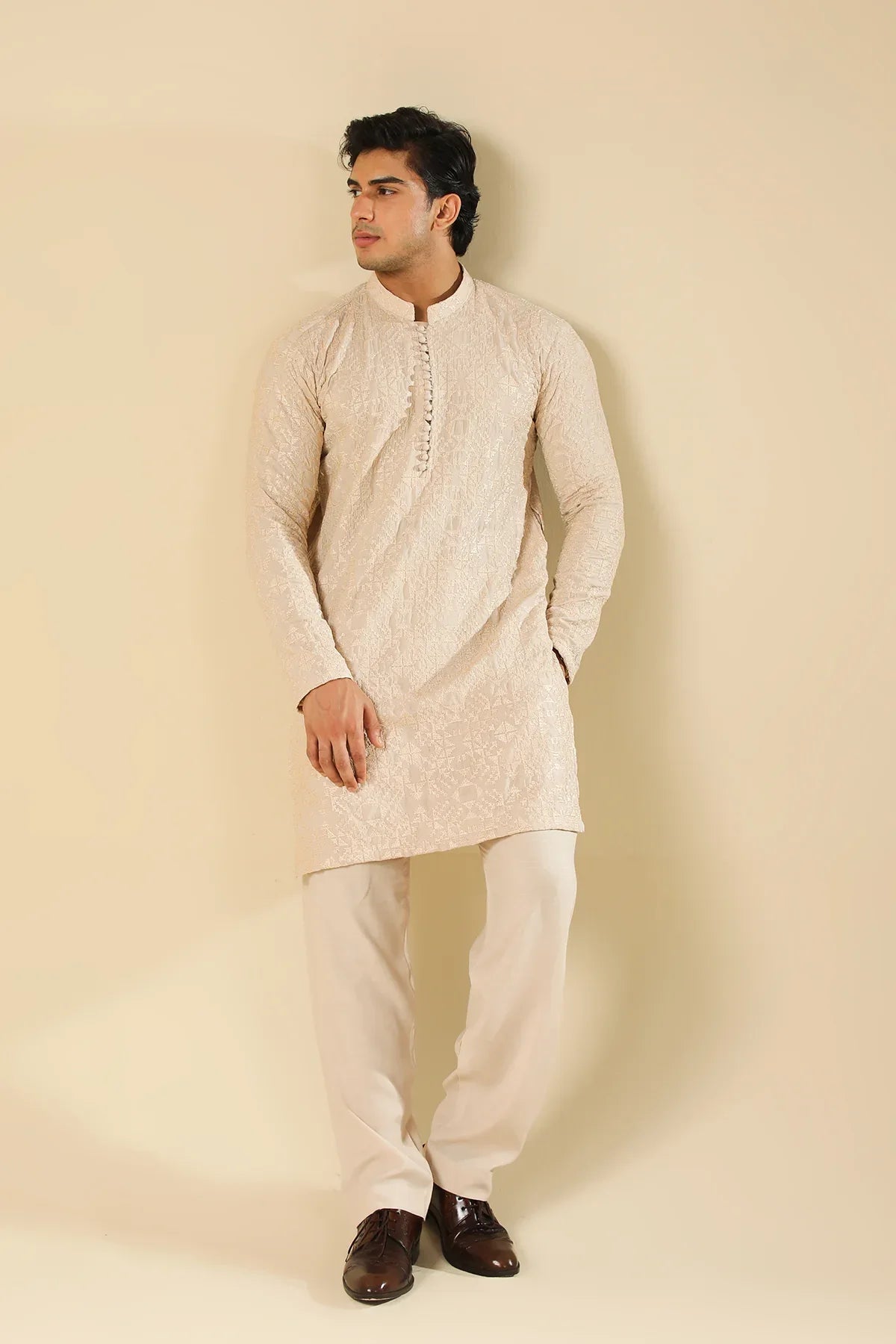 Tabir - Beige Raw Silk Embroidered Kurta Trouser - Men - Muraqsh -- Menswear