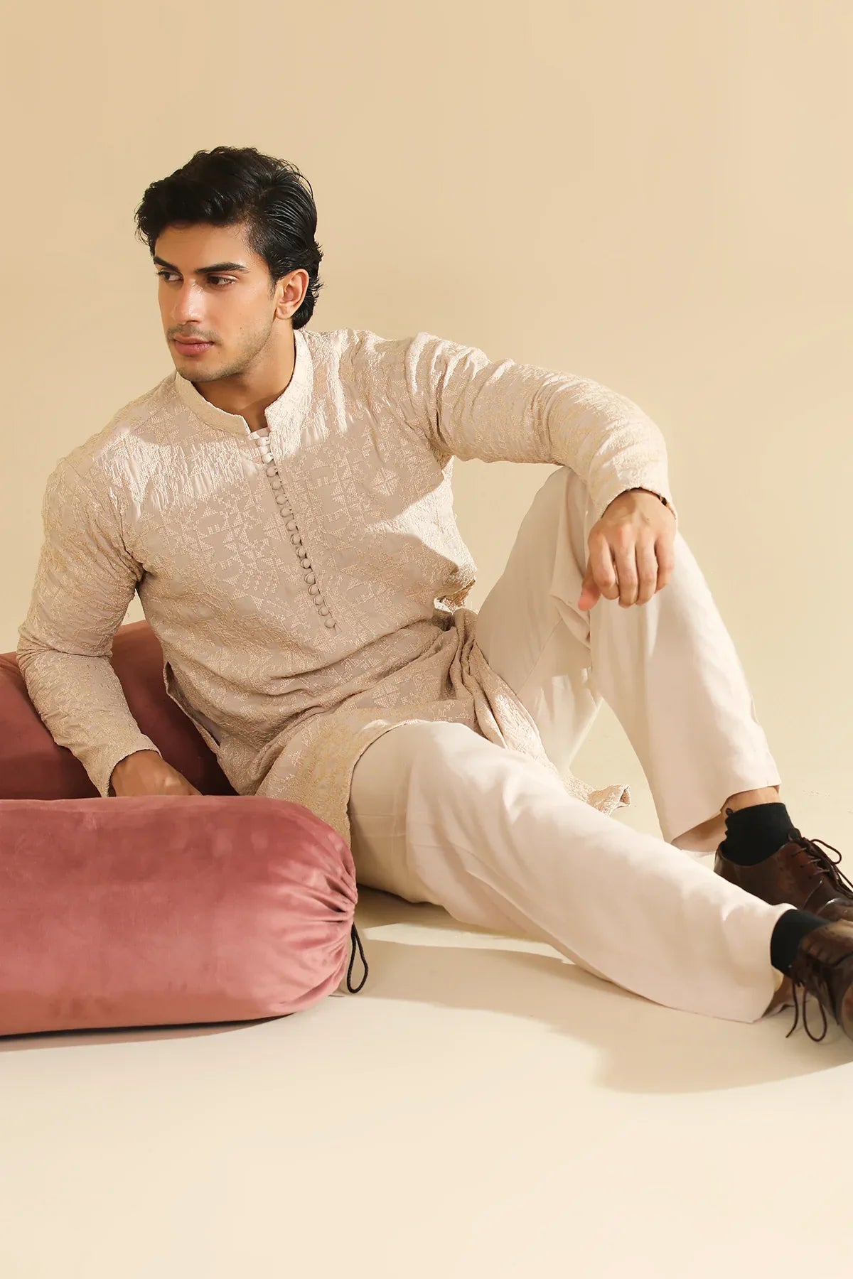 Tabir - Beige Raw Silk Embroidered Kurta Trouser - Men - Muraqsh -- Menswear