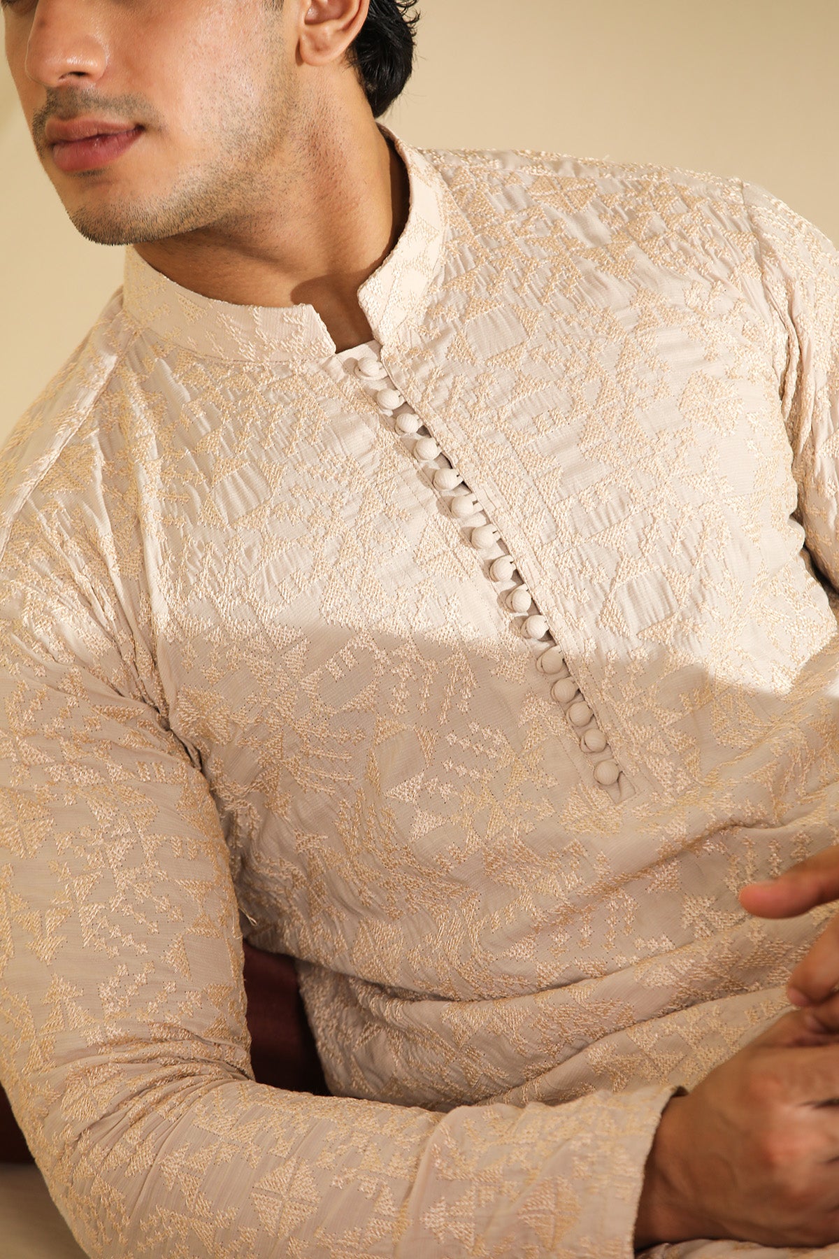 Tabir - Beige Raw Silk Embroidered Kurta Trouser - Men