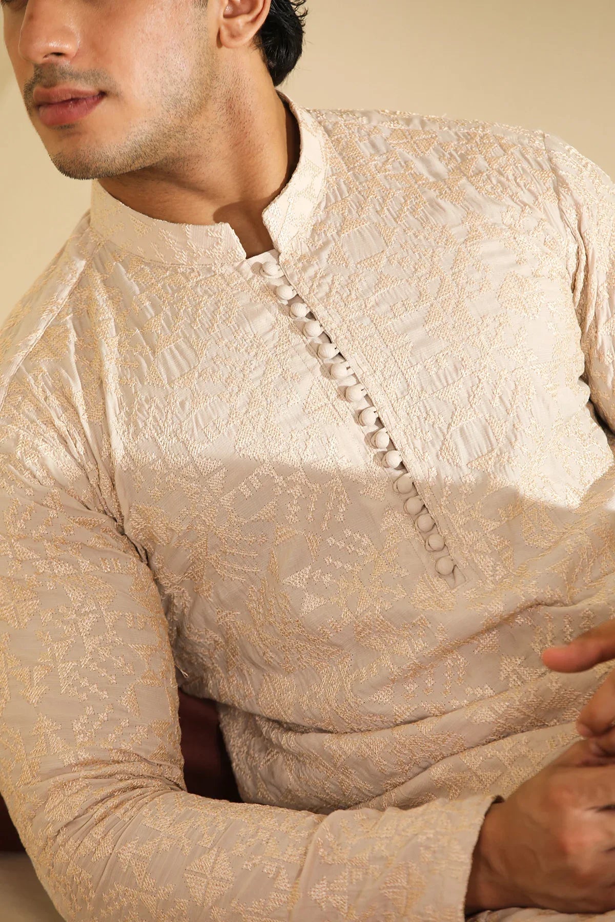 Tabir - Beige Raw Silk Embroidered Kurta Trouser - Men - Muraqsh -- Menswear