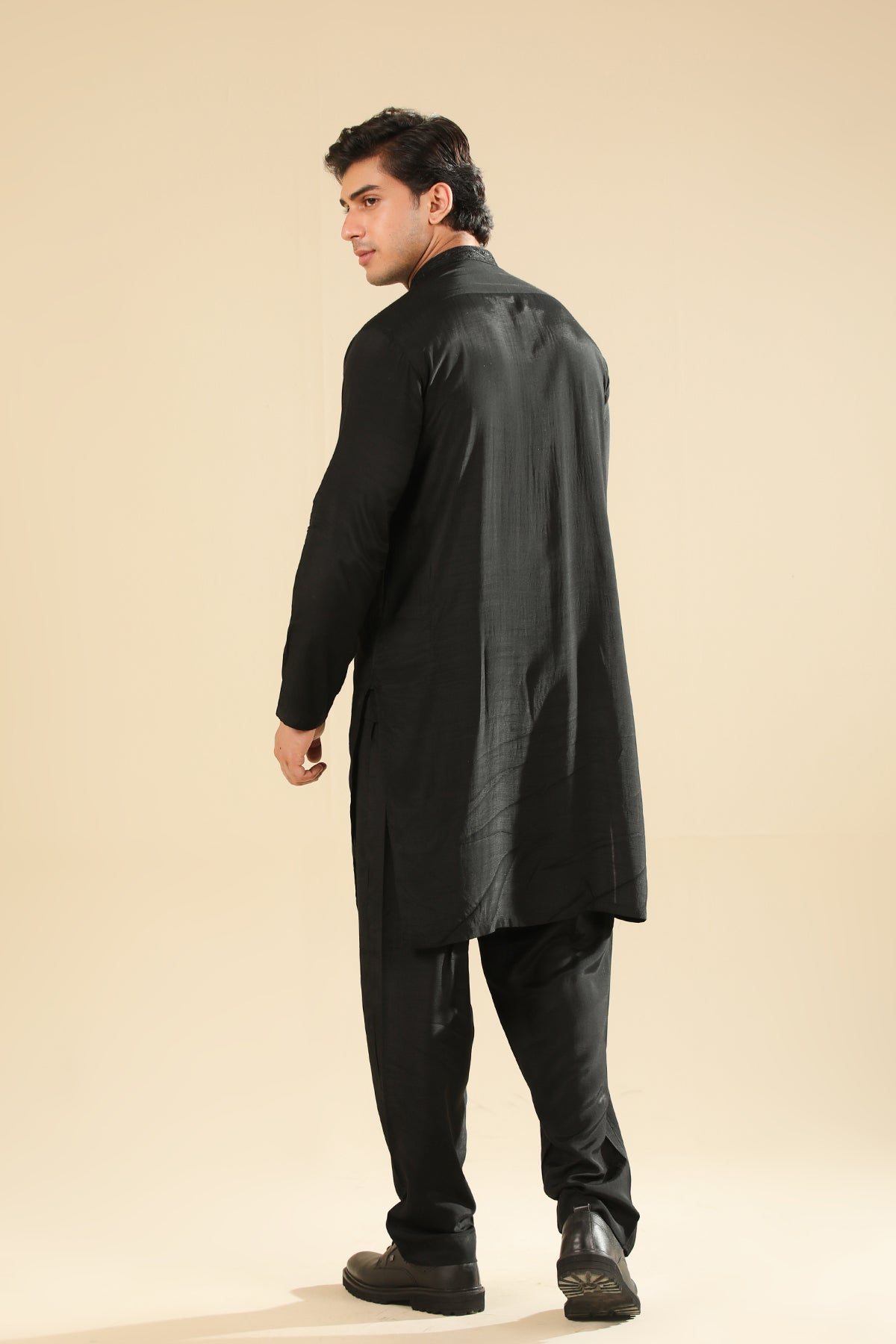 Adab - Black Motif Raw Silk Embroidered Kurta Trouser - Men