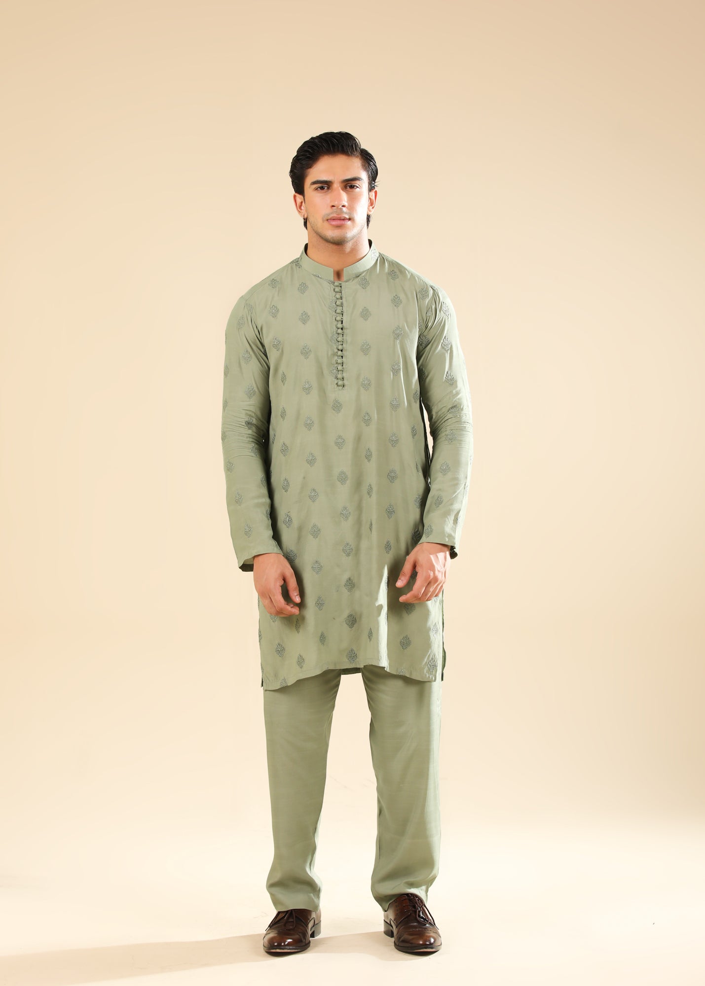 Bahaar - Mint Raw Silk Embroidered Kurta Trouser - Men