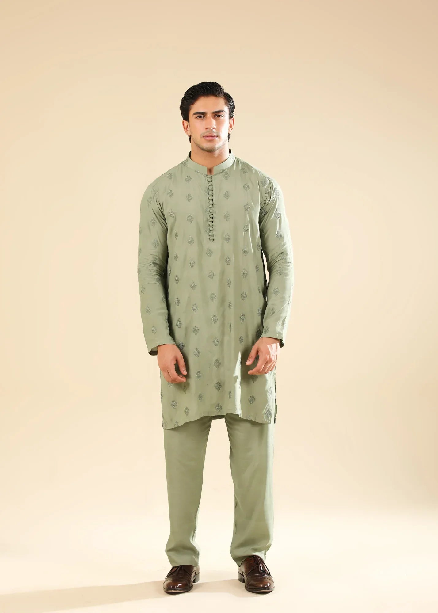Bahaar - Mint Raw Silk Embroidered Kurta Trouser - Men - Muraqsh