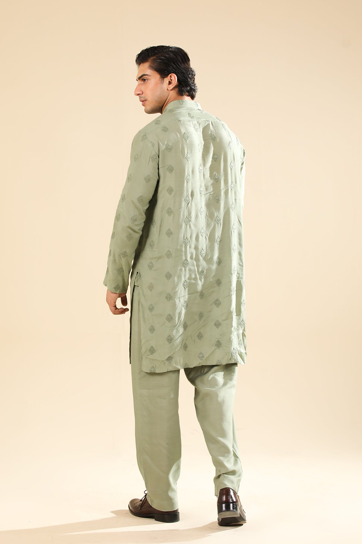 Bahaar - Mint Raw Silk Embroidered Kurta Trouser - Men