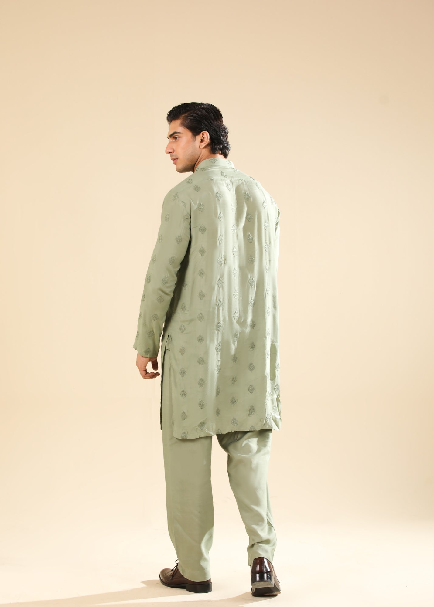 Bahaar - Mint Raw Silk Embroidered Kurta Trouser - Men