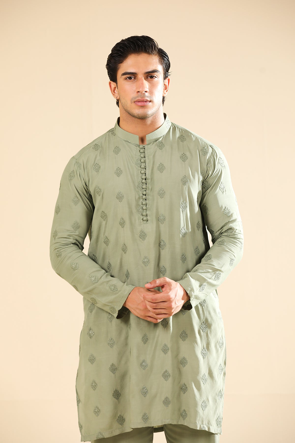 Bahaar - Mint Raw Silk Embroidered Kurta Trouser - Men