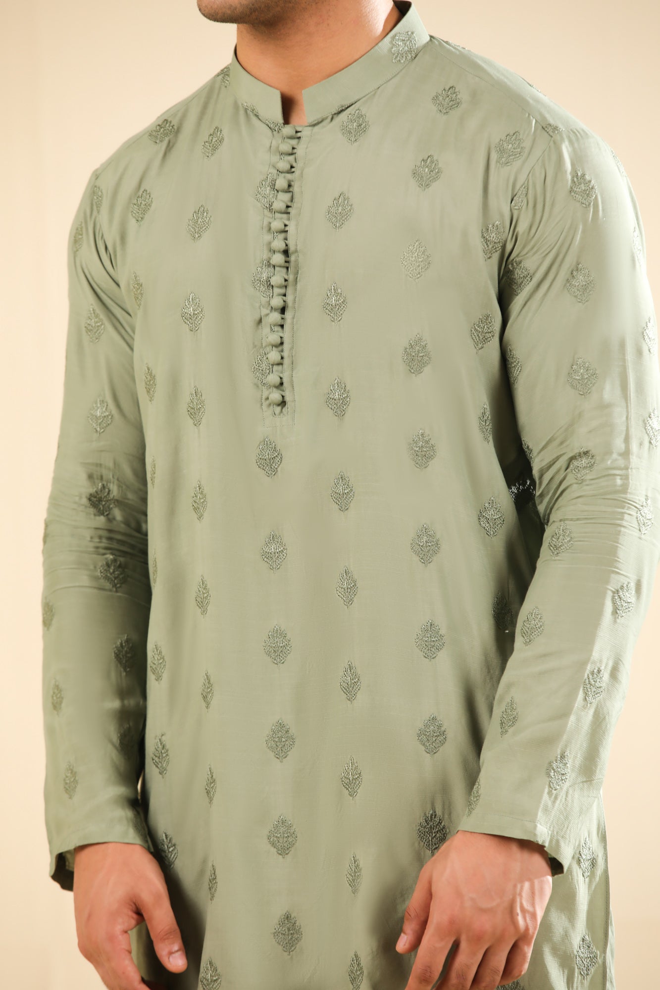 Bahaar - Mint Raw Silk Embroidered Kurta Trouser - Men