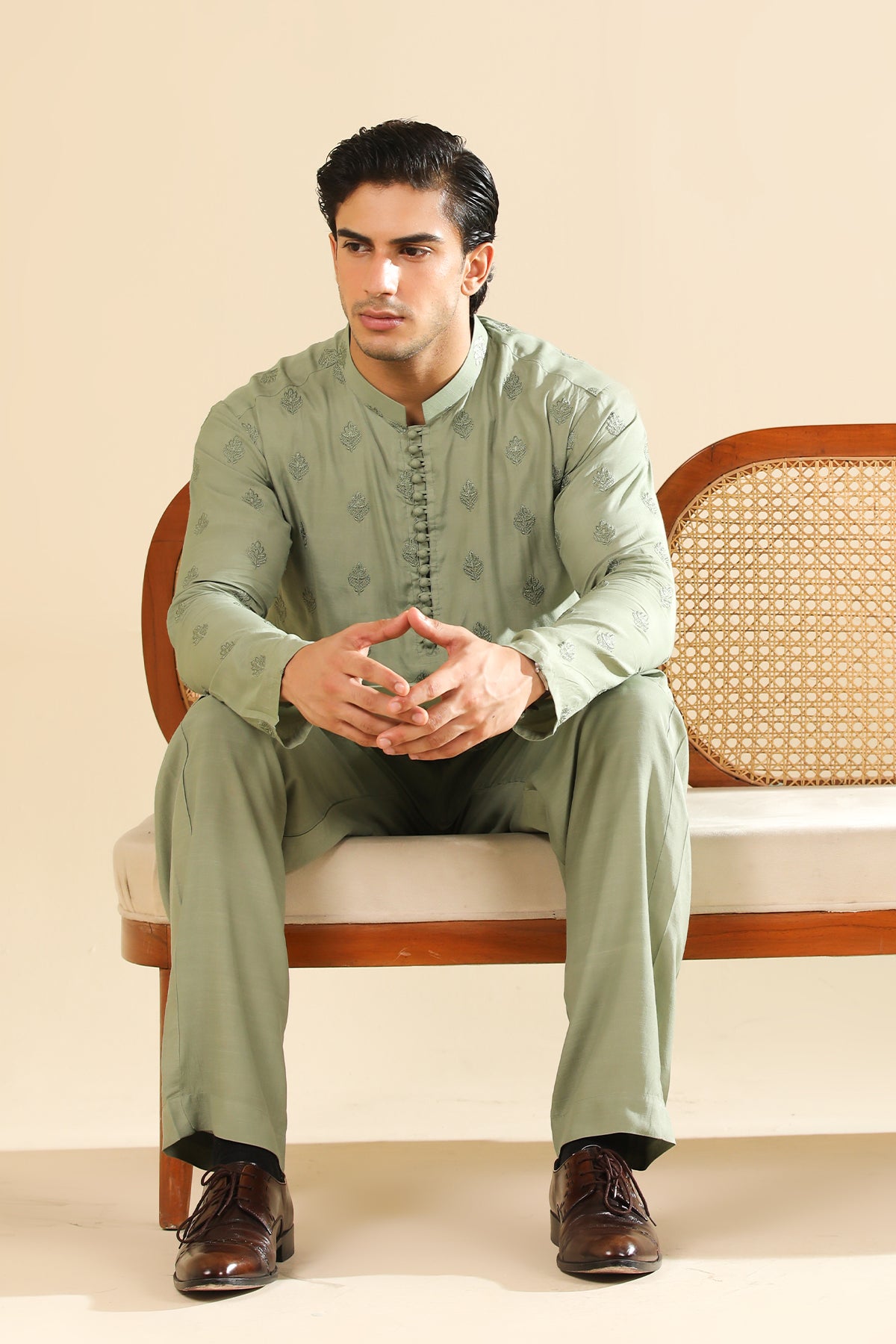 Bahaar - Mint Raw Silk Embroidered Kurta Trouser - Men