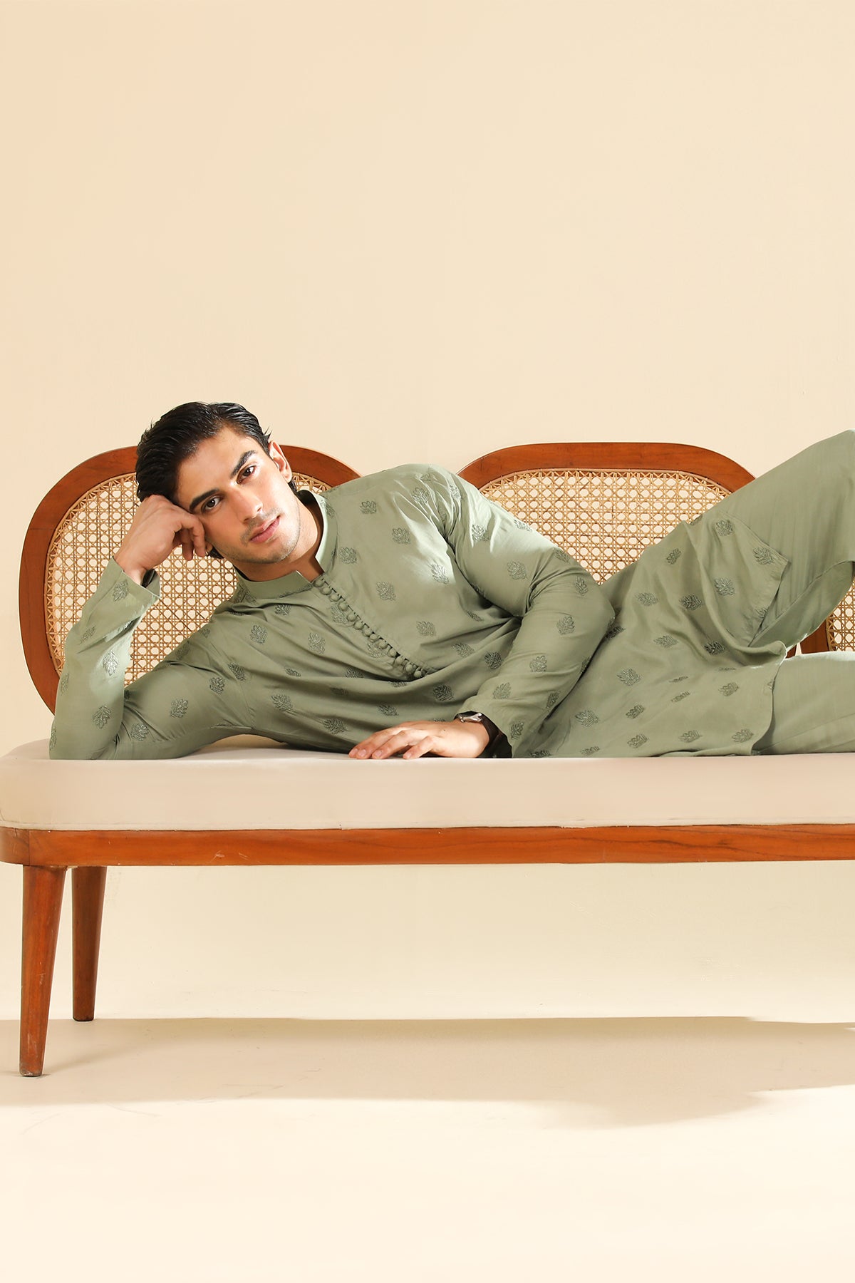 Bahaar - Mint Raw Silk Embroidered Kurta Trouser - Men