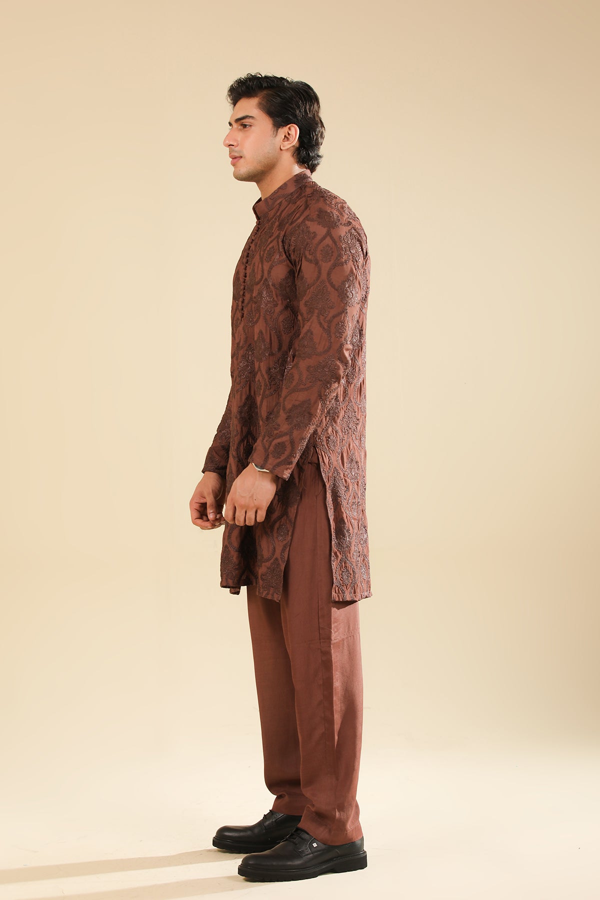 Faris - Cocoa Brown Raw Silk Embroidered Kurta Trouser - Men