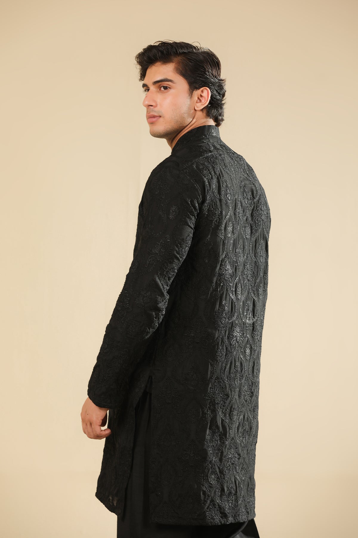 Zauq - Black Raw Silk Embroidered Kurta Trouser - Men
