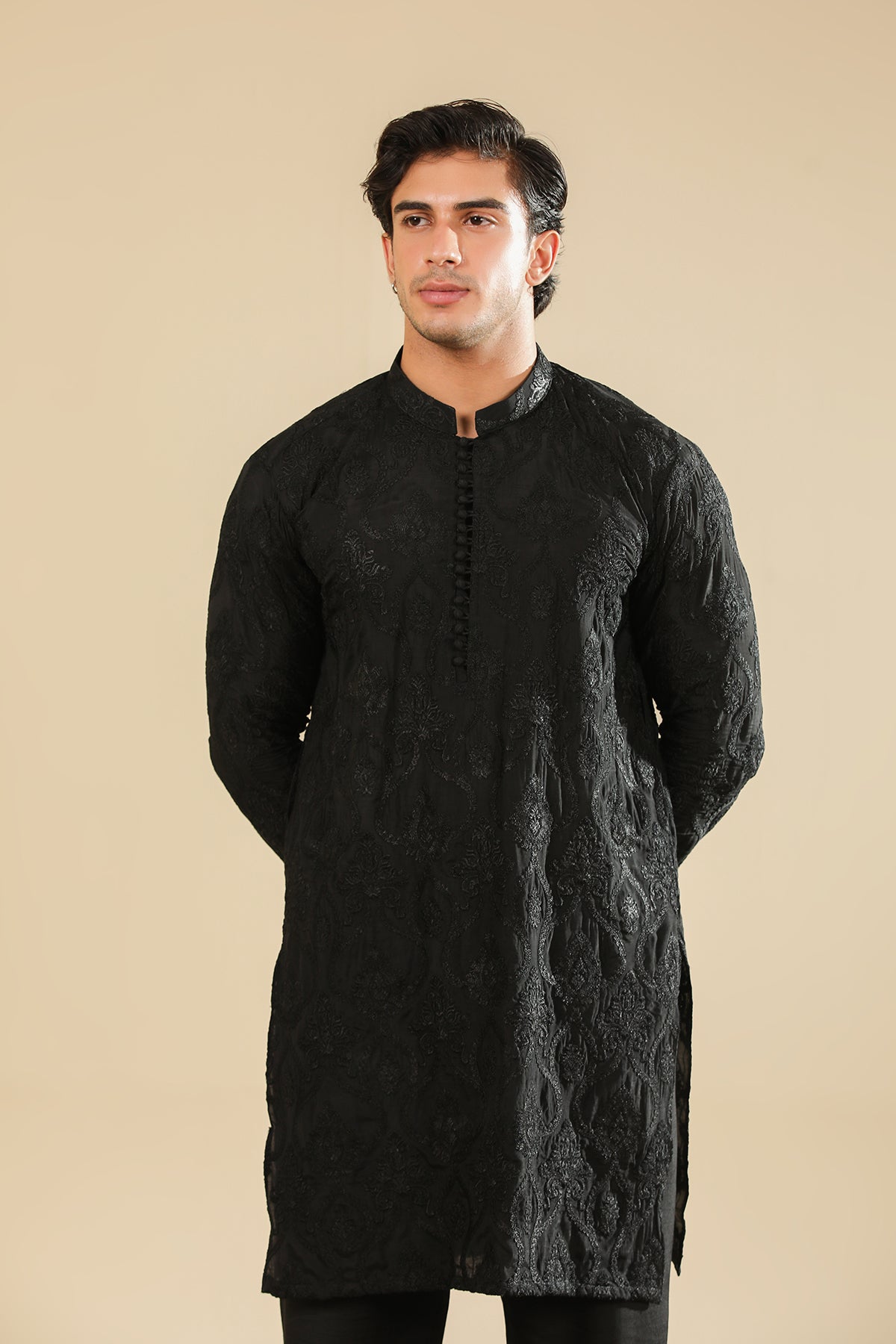 Zauq - Black Raw Silk Embroidered Kurta Trouser - Men