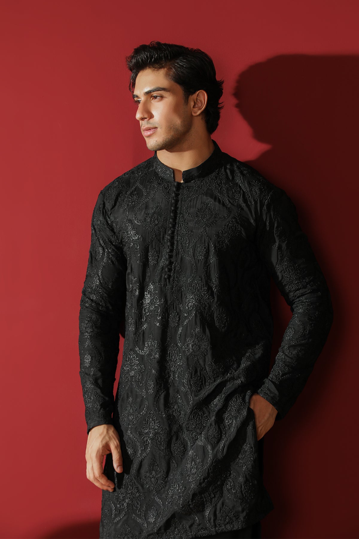 Zauq - Black Raw Silk Embroidered Kurta Trouser - Men